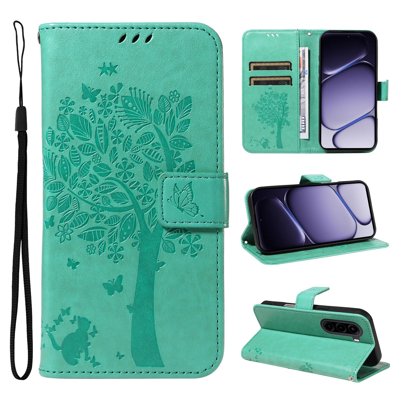 For OnePlus Nord CE6 Lite/Turbo 6X 5G Tree & Cat Embossed Pattern Flip Leather Phone Case(Green) - Shopkiz.com