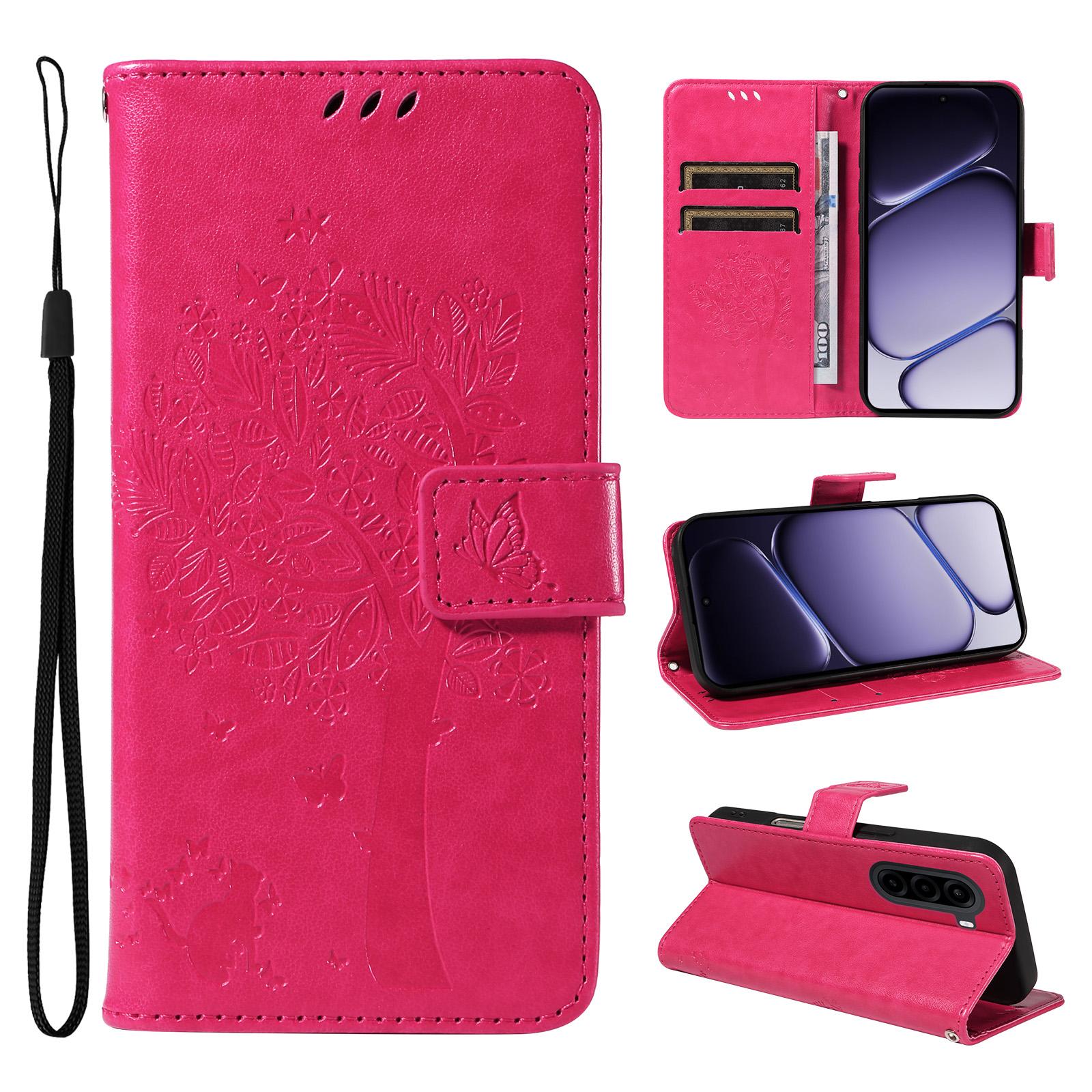 For OnePlus Nord CE6 Lite/Turbo 6X 5G Tree & Cat Embossed Pattern Flip Leather Phone Case(Rose Red) - Shopkiz.com