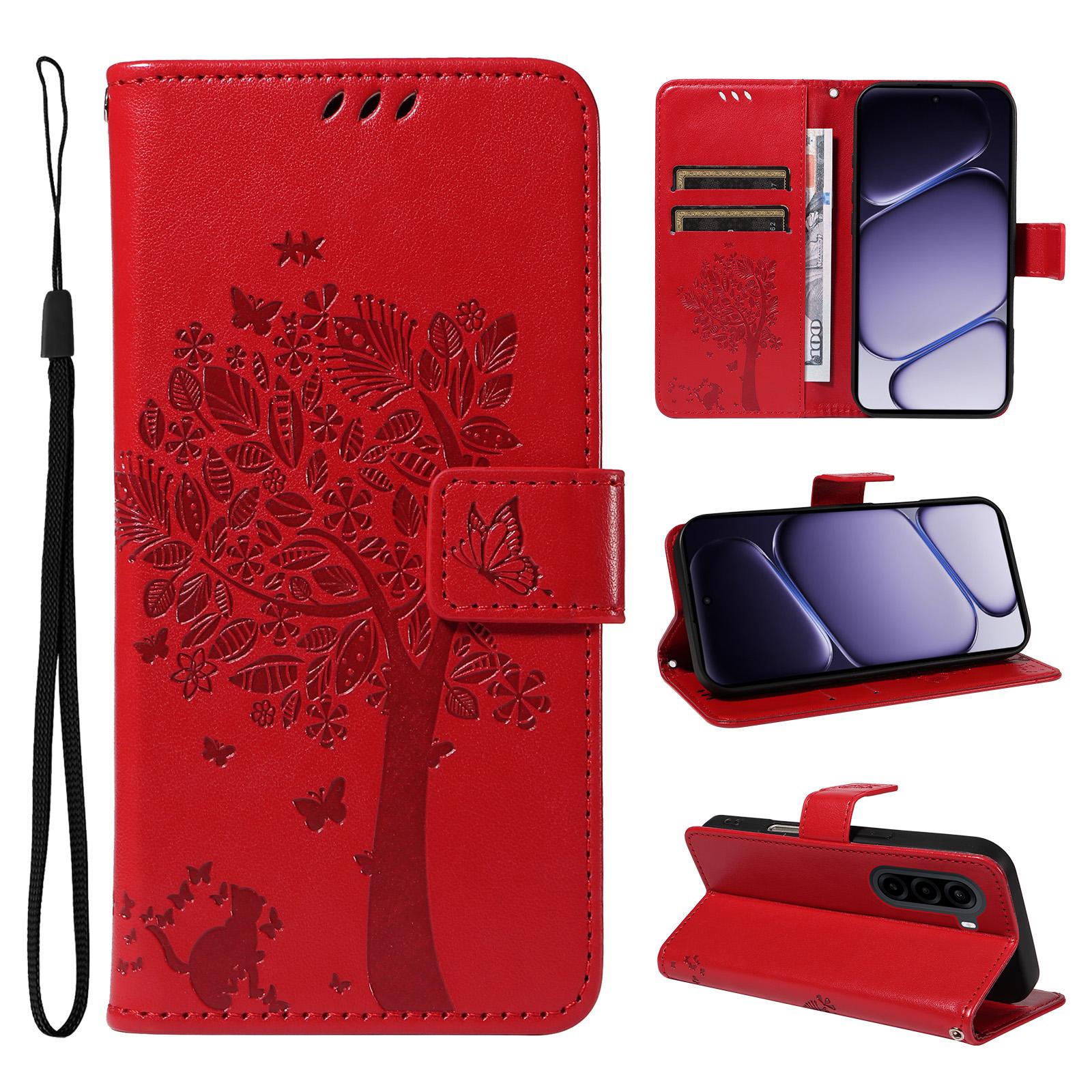 For OnePlus Nord CE6 Lite/Turbo 6X 5G Tree & Cat Embossed Pattern Flip Leather Phone Case(Red) - Shopkiz.com