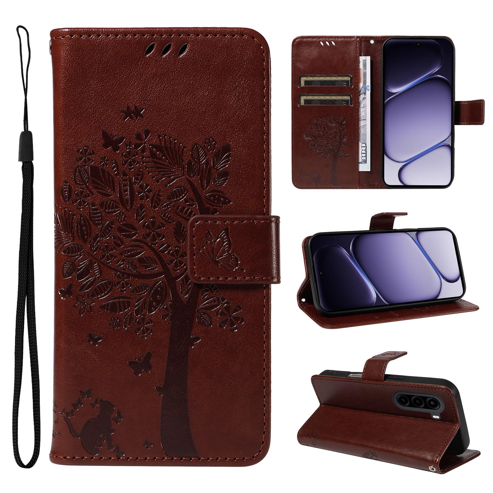 For OnePlus Nord CE6 Lite/Turbo 6X 5G Tree & Cat Embossed Pattern Flip Leather Phone Case(Coffee) - Shopkiz.com