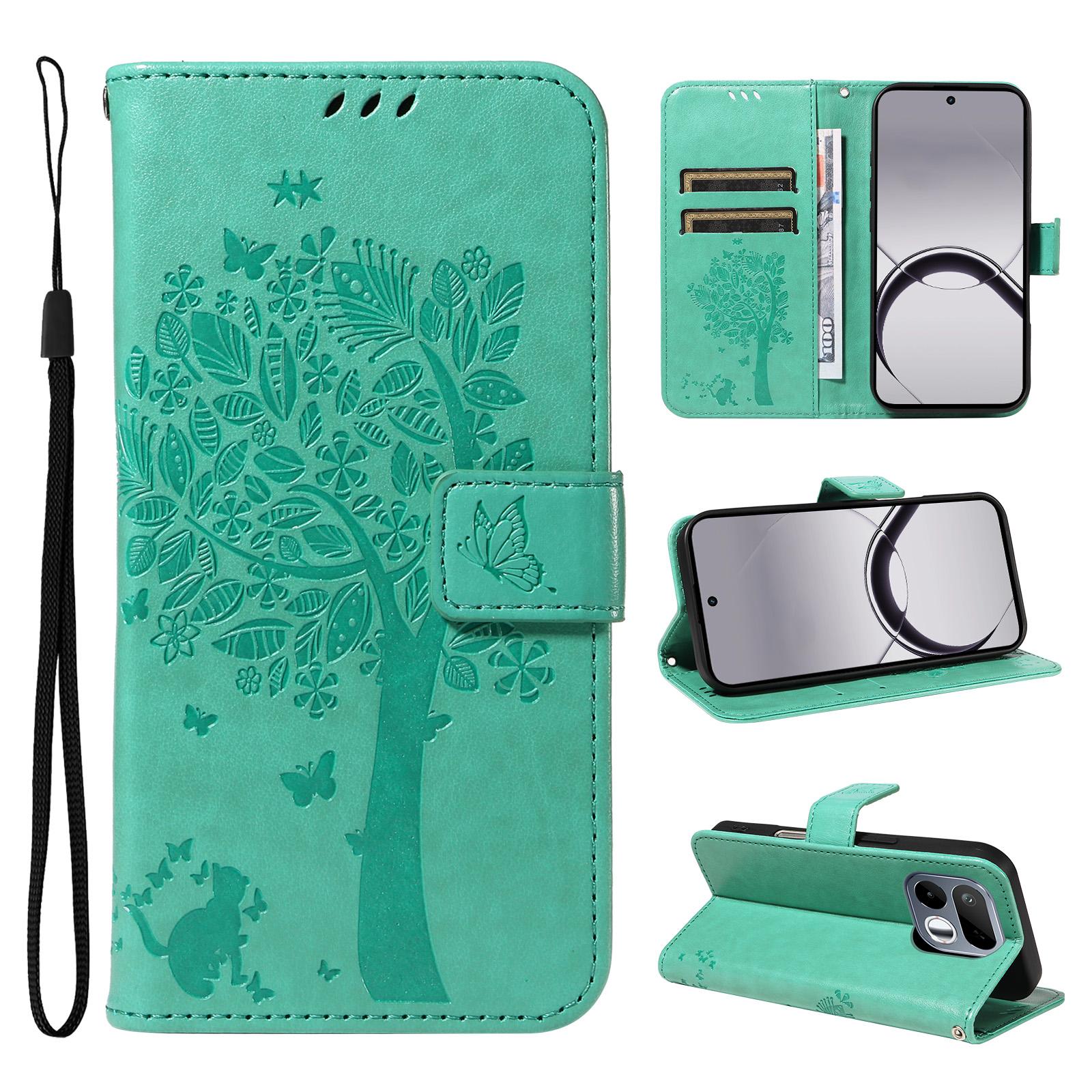 For Realme 16T 5G Tree & Cat Embossed Pattern Flip Leather Phone Case(Green) - Shopkiz.com
