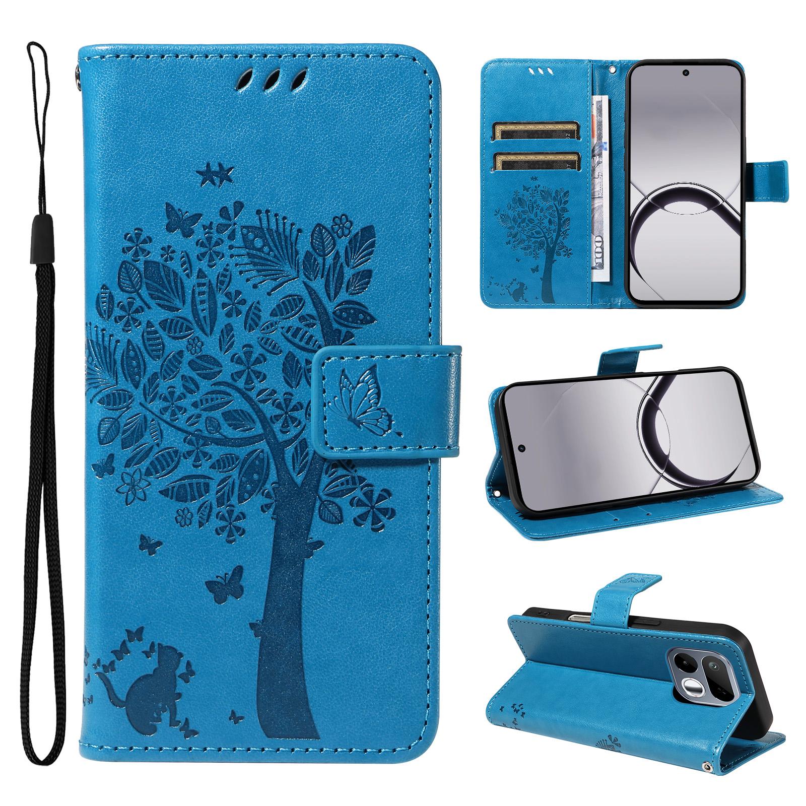 For Realme 16T 5G Tree & Cat Embossed Pattern Flip Leather Phone Case(Blue) - Shopkiz.com