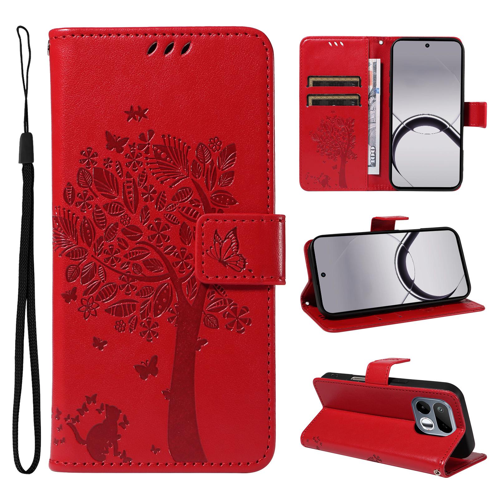 For Realme 16T 5G Tree & Cat Embossed Pattern Flip Leather Phone Case(Red) - Shopkiz.com