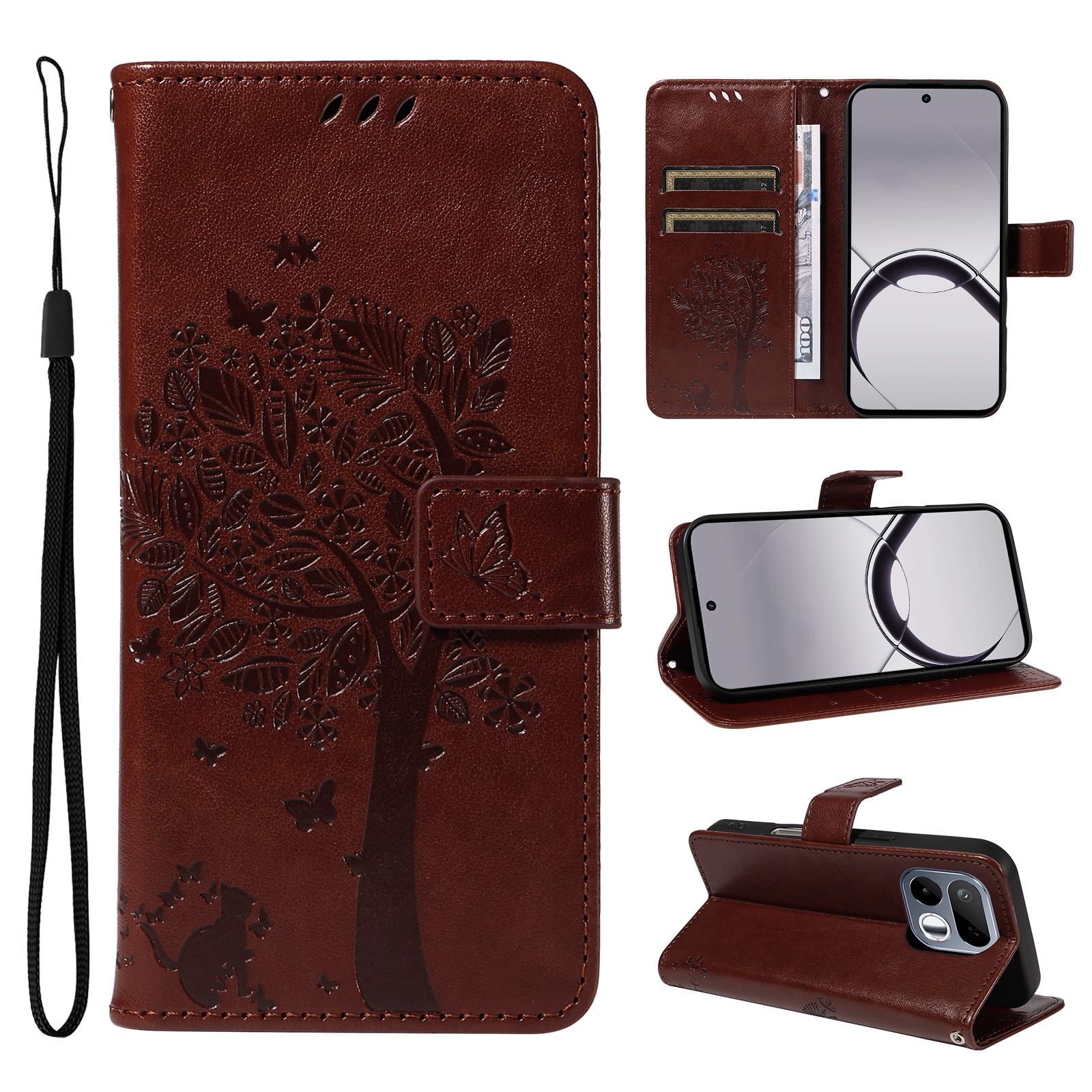 For Realme 16T 5G Tree & Cat Embossed Pattern Flip Leather Phone Case(Coffee) - Shopkiz.com