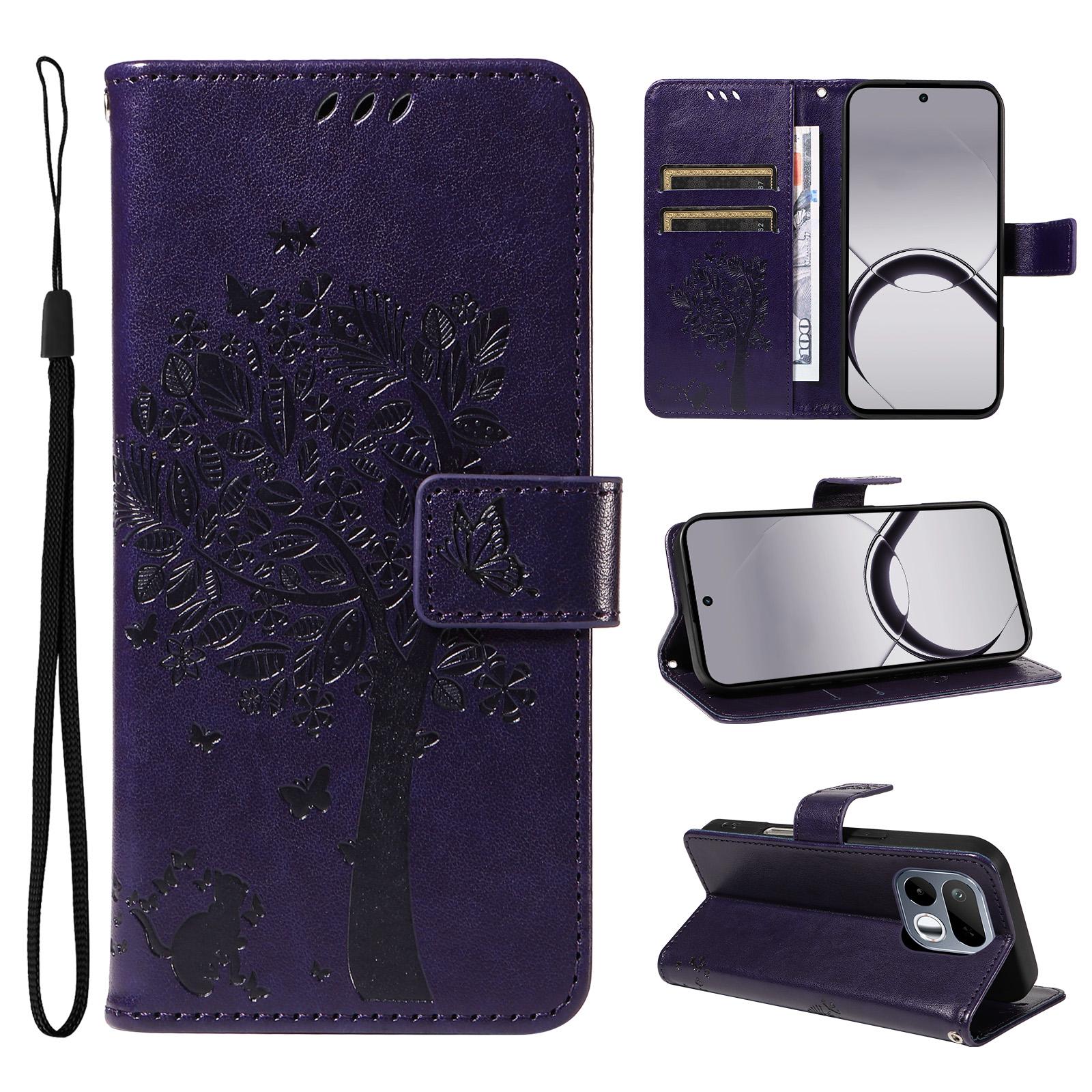 For Realme 16T 5G Tree & Cat Embossed Pattern Flip Leather Phone Case(Purple) - Shopkiz.com