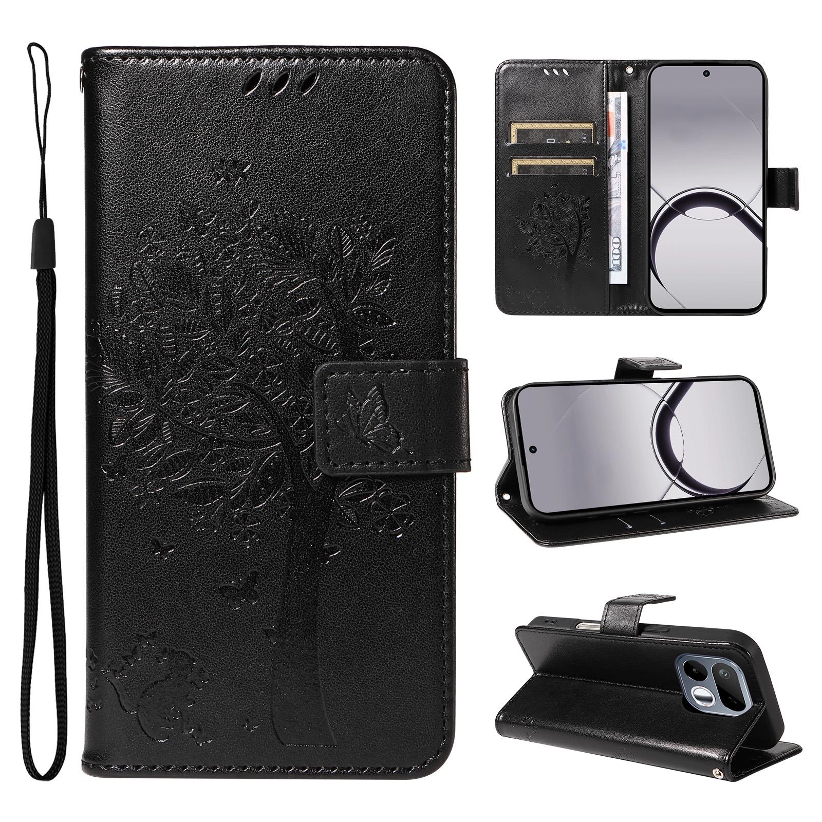 For Realme 16T 5G Tree & Cat Embossed Pattern Flip Leather Phone Case(Black) - Shopkiz.com