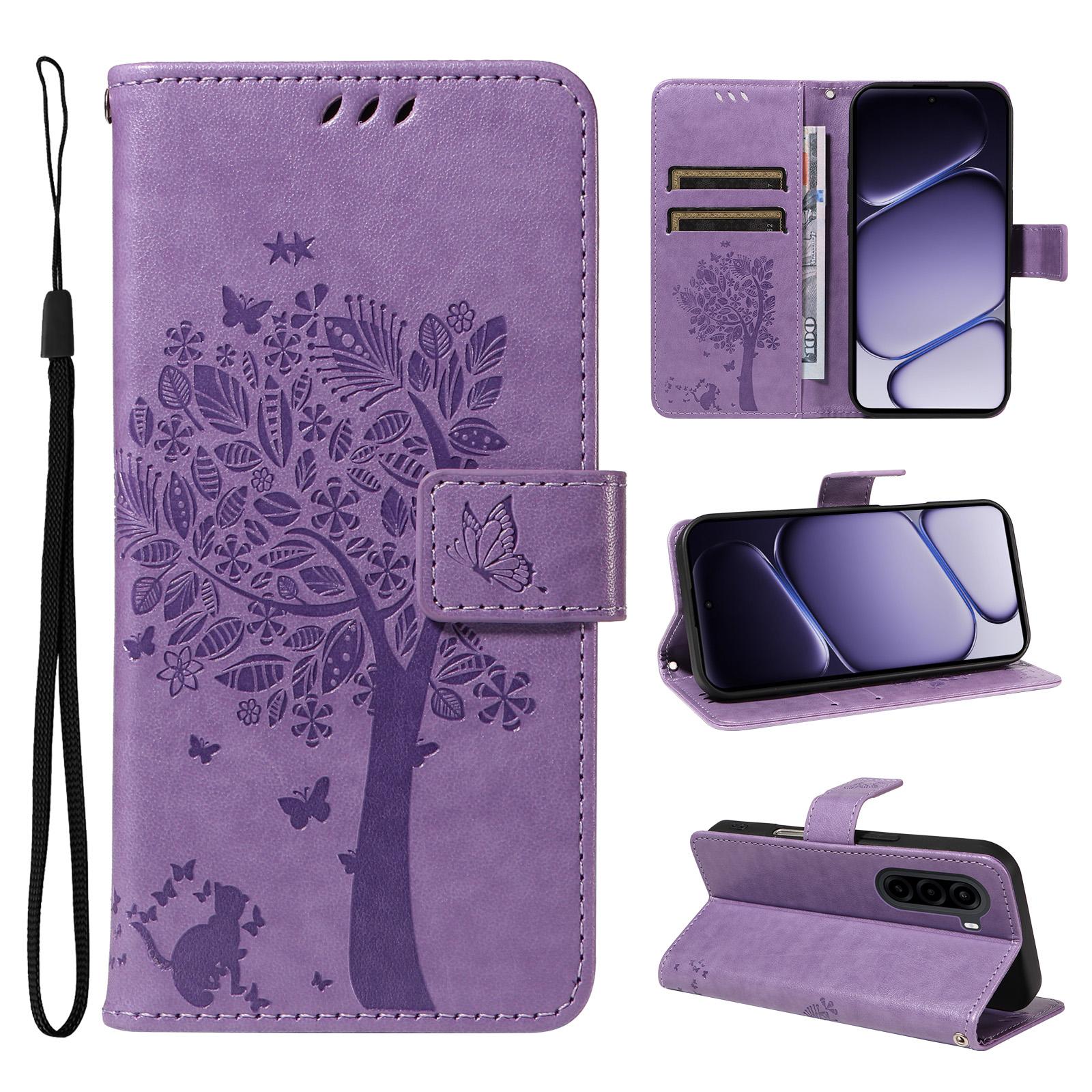 For Realme P4x 5G Tree & Cat Embossed Pattern Flip Leather Phone Case(Light Purple) - Shopkiz.com
