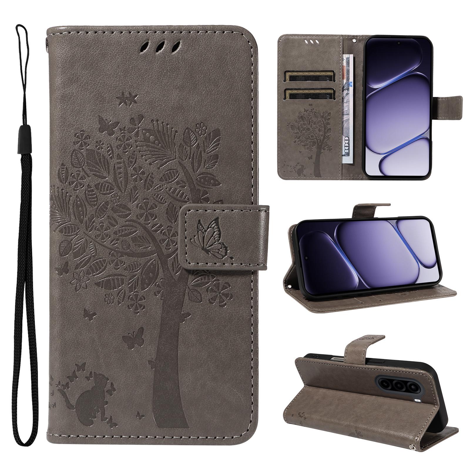 For Realme P4x 5G Tree & Cat Embossed Pattern Flip Leather Phone Case(Grey) - Shopkiz.com