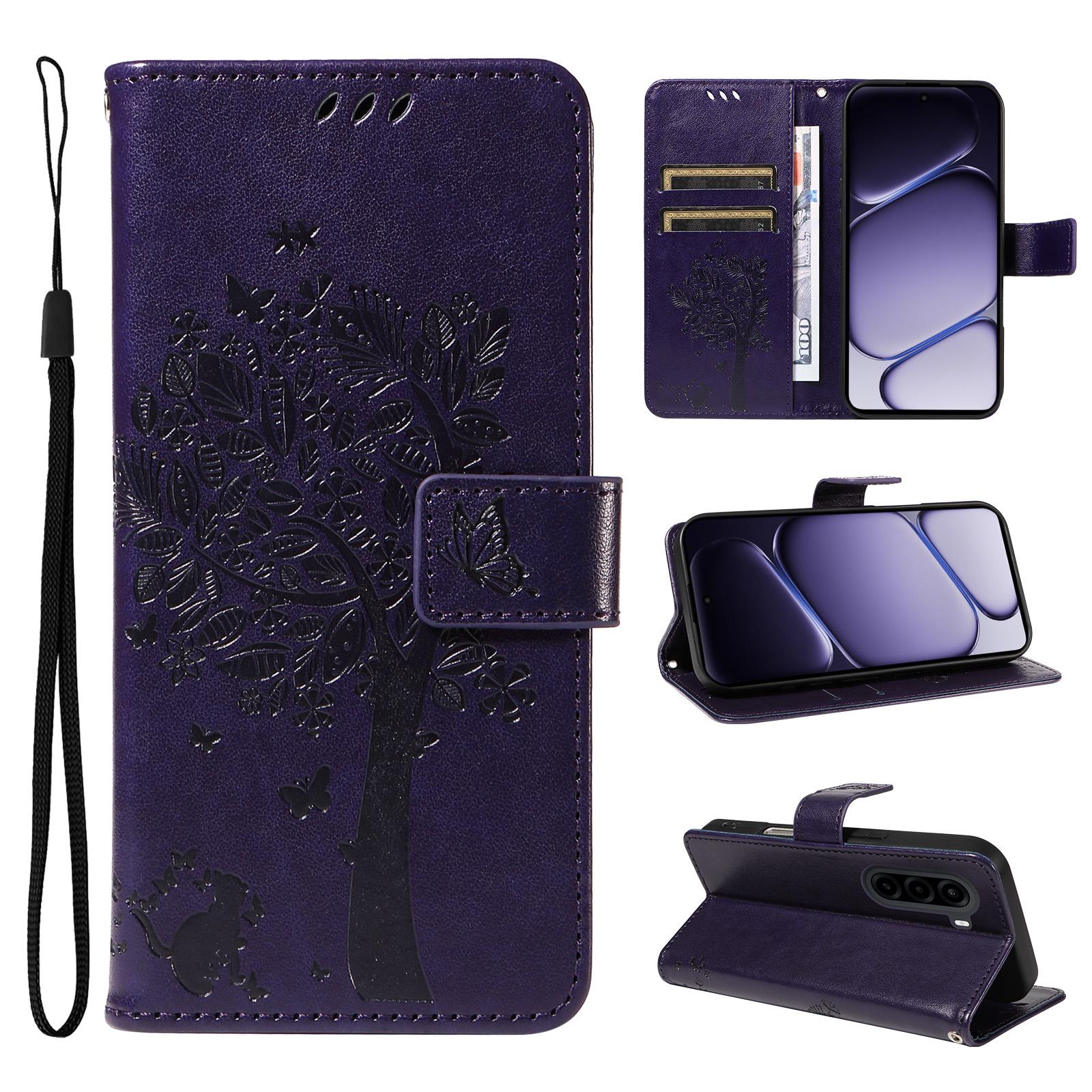 For Realme P4x 5G Tree & Cat Embossed Pattern Flip Leather Phone Case(Purple) - Shopkiz.com