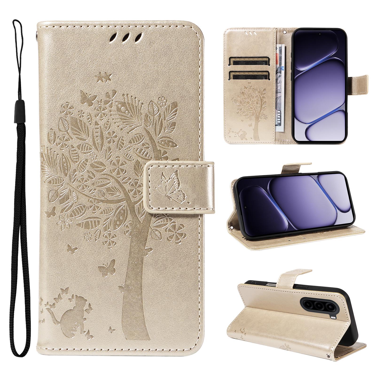 For Realme P4x 5G Tree & Cat Embossed Pattern Flip Leather Phone Case(Gold) - Shopkiz.com