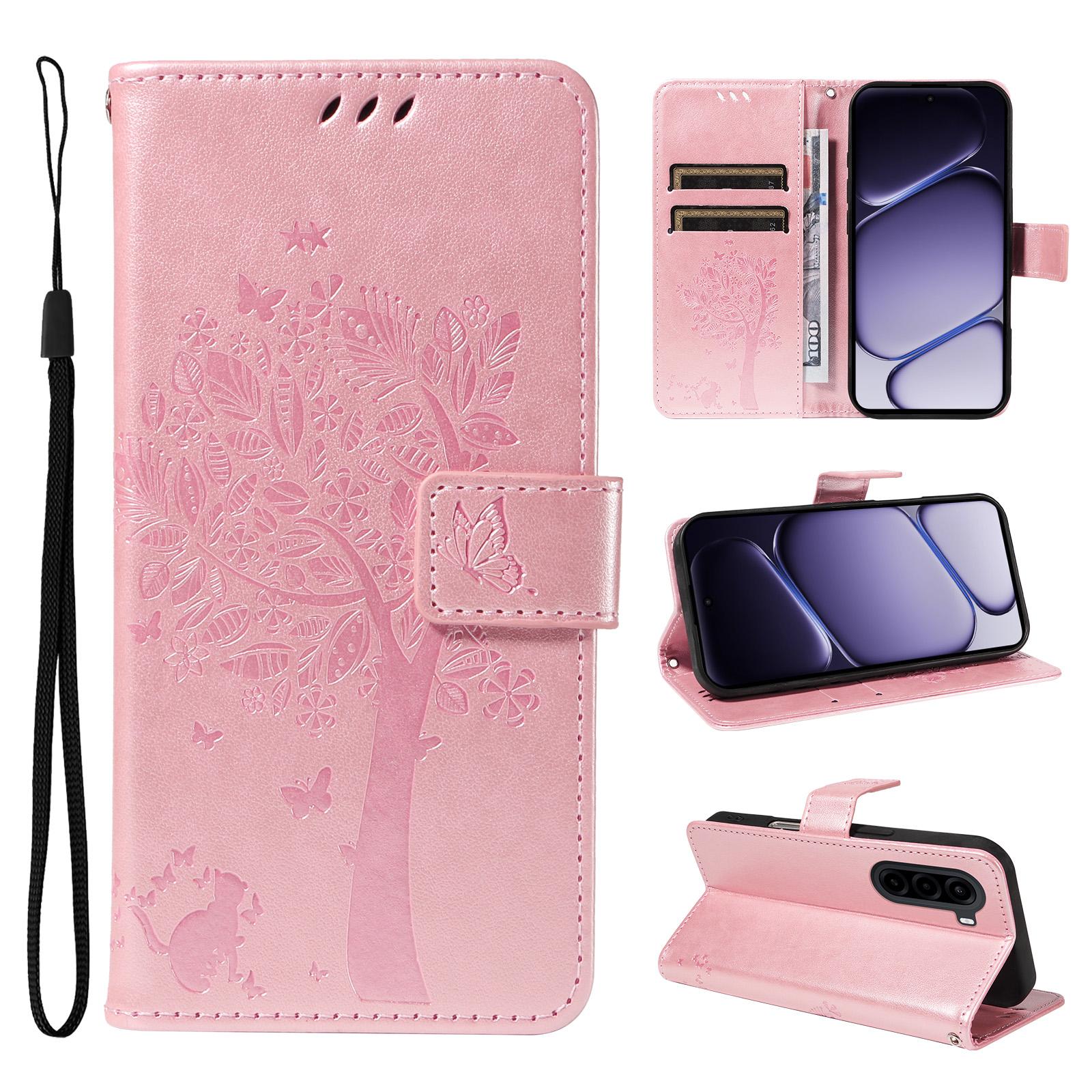 For Realme P4x 5G Tree & Cat Embossed Pattern Flip Leather Phone Case(Rose Gold) - Shopkiz.com