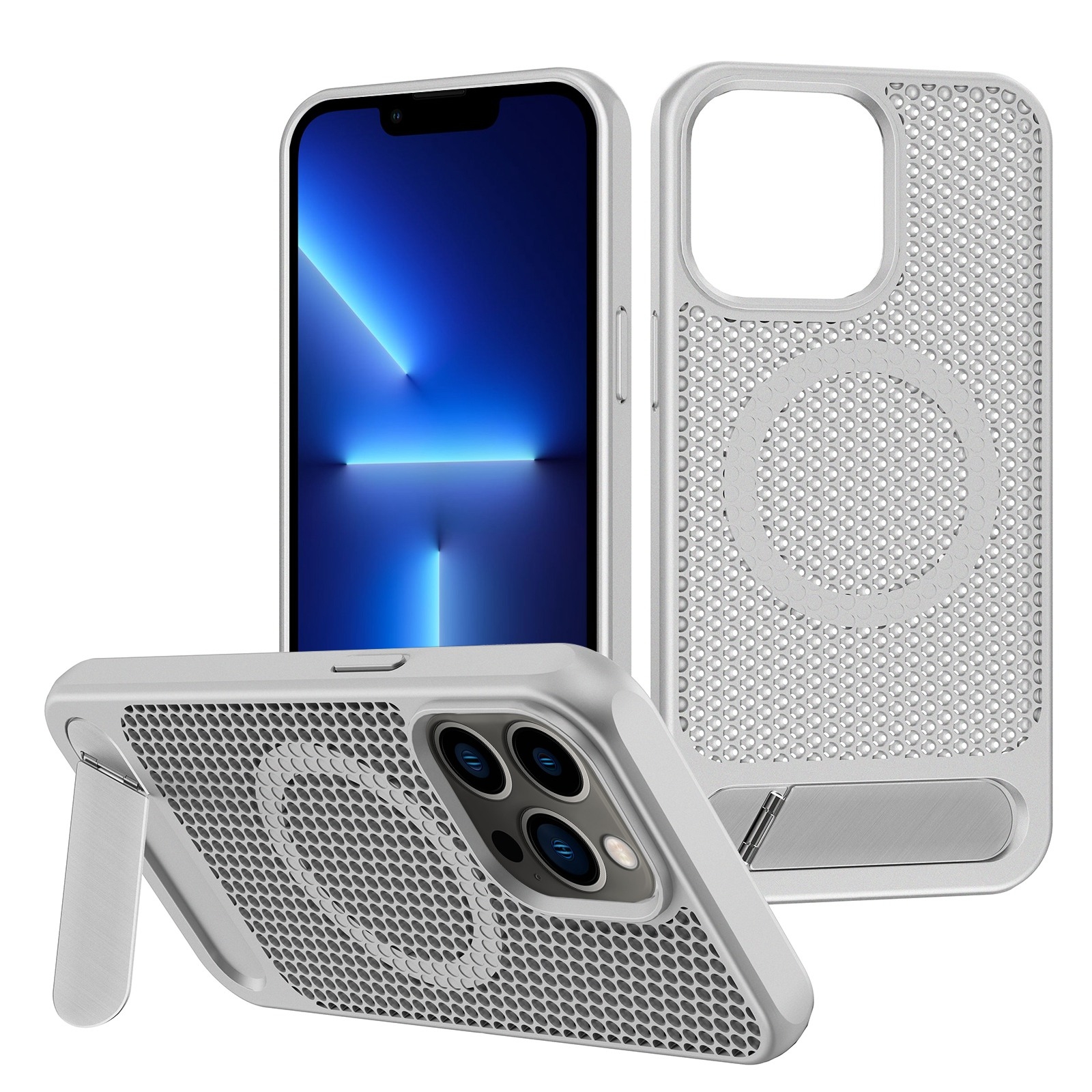 For iPhone 13 Pro Honeycomb Cooling MagSafe Phone Case with Invisible Holder(Silver) - Shopkiz.com