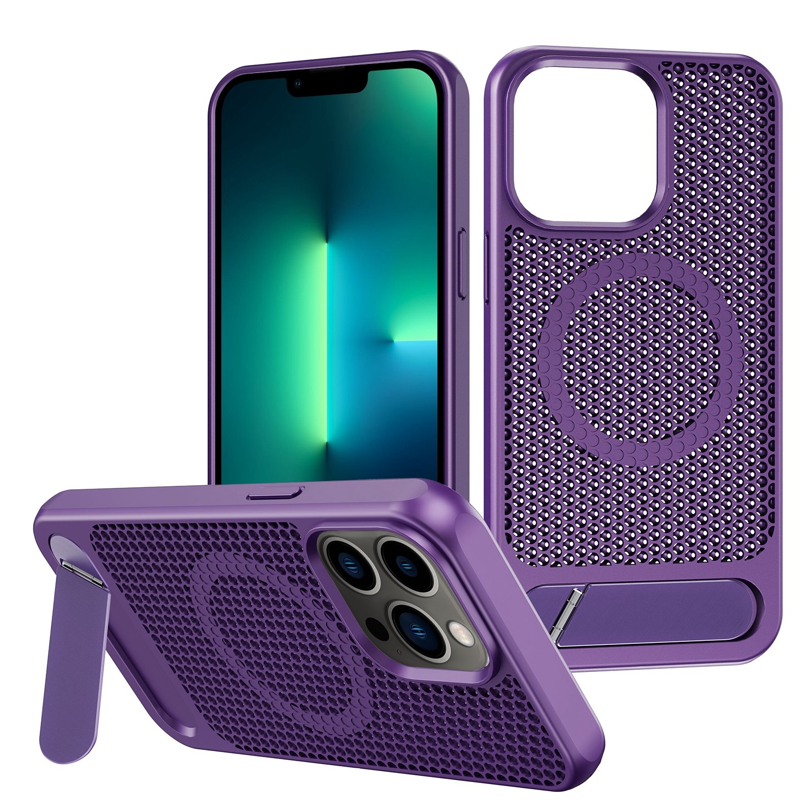 For iPhone 13 Pro Max Honeycomb Cooling MagSafe Phone Case with Invisible Holder(Purple) - Shopkiz.com