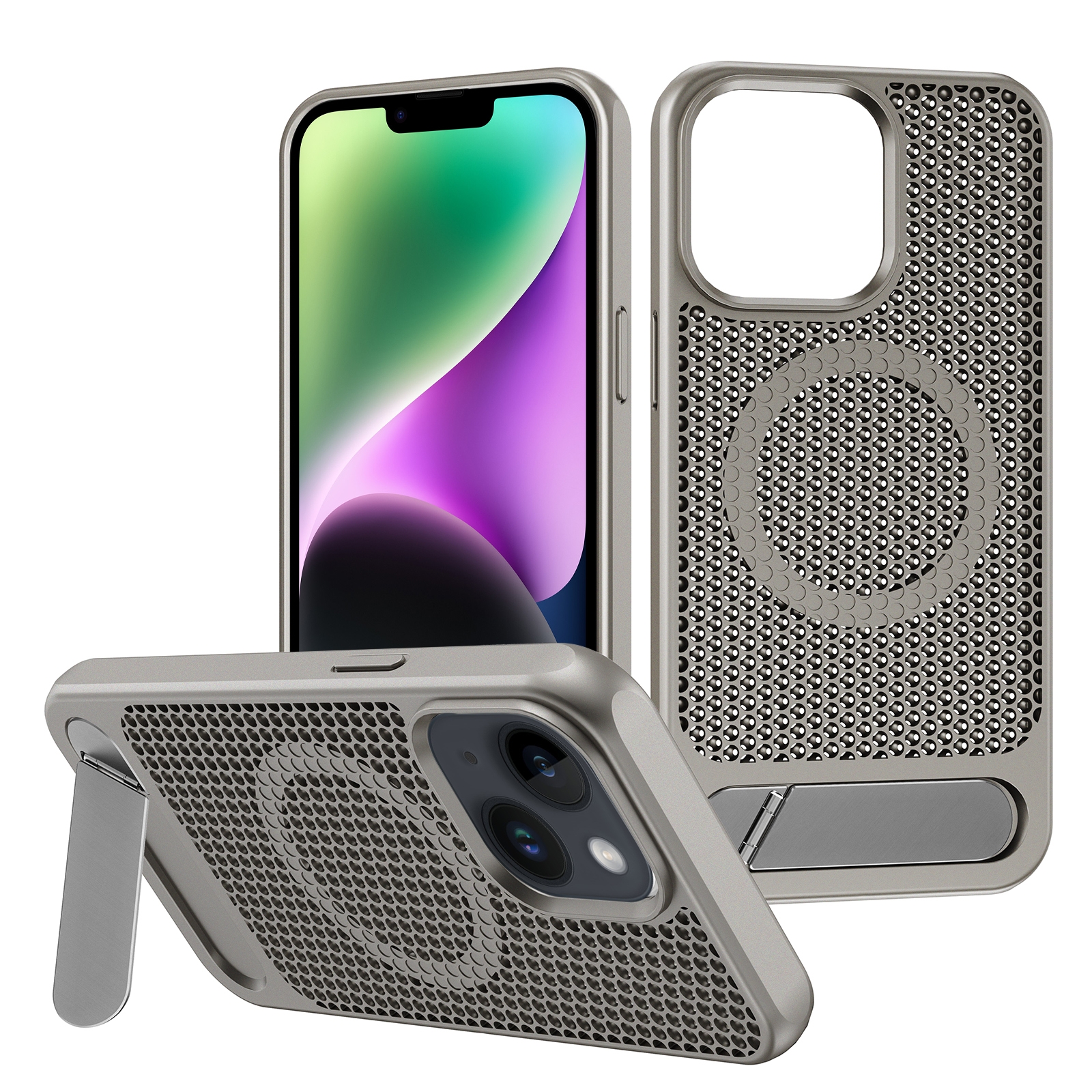For iPhone 14 Honeycomb Cooling MagSafe Phone Case with Invisible Holder(Grey) - Shopkiz.com