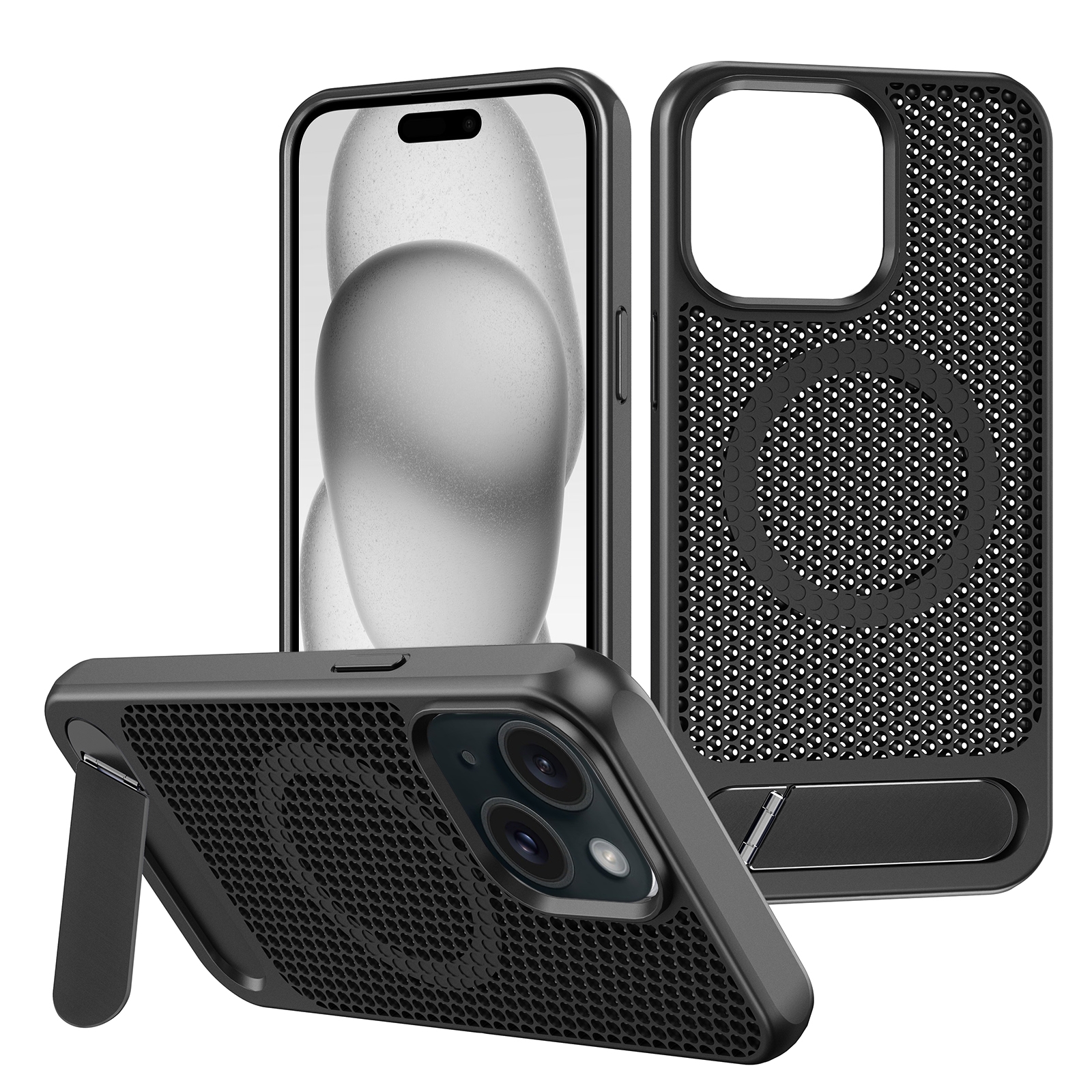 For iPhone 14 Plus / 15 Plus Honeycomb Cooling MagSafe Phone Case with Invisible Holder(Black) - Shopkiz.com