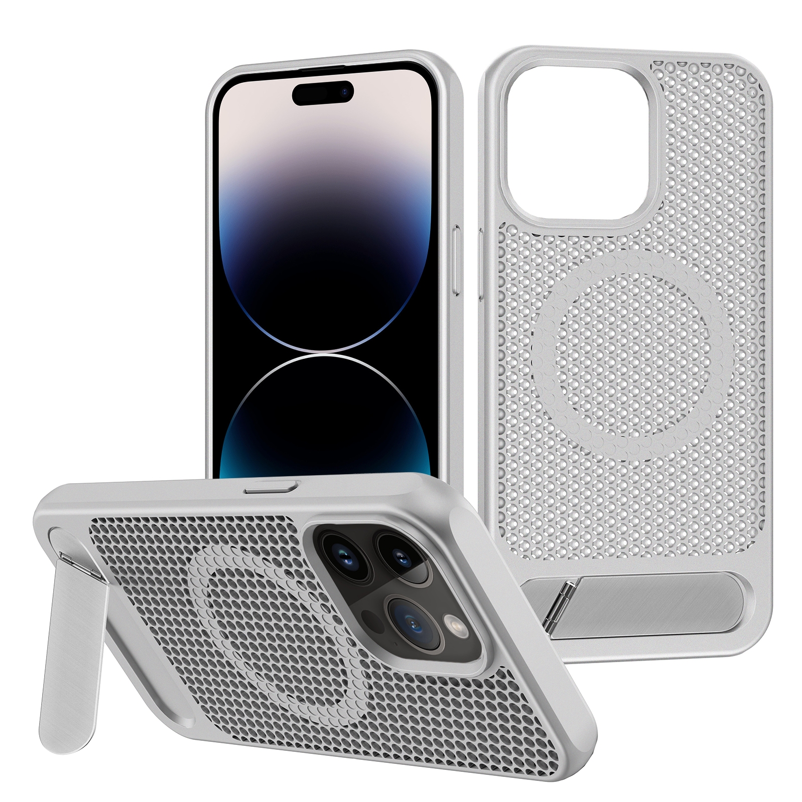 For iPhone 14 Pro Honeycomb Cooling MagSafe Phone Case with Invisible Holder(Silver) - Shopkiz.com