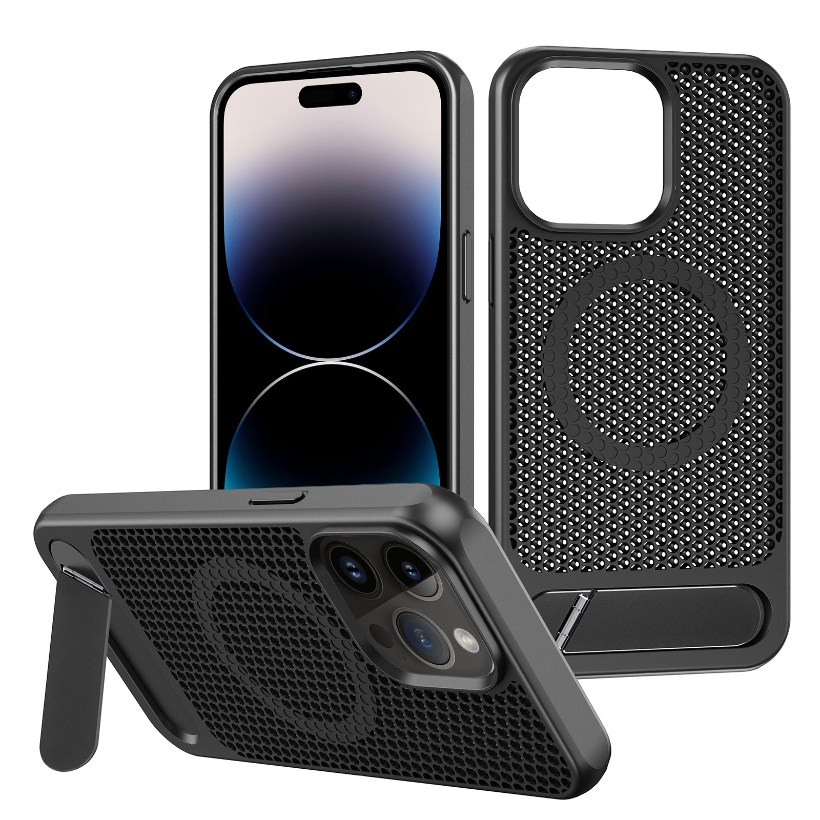 For iPhone 14 Pro Max Honeycomb Cooling MagSafe Phone Case with Invisible Holder(Black) - Shopkiz.com
