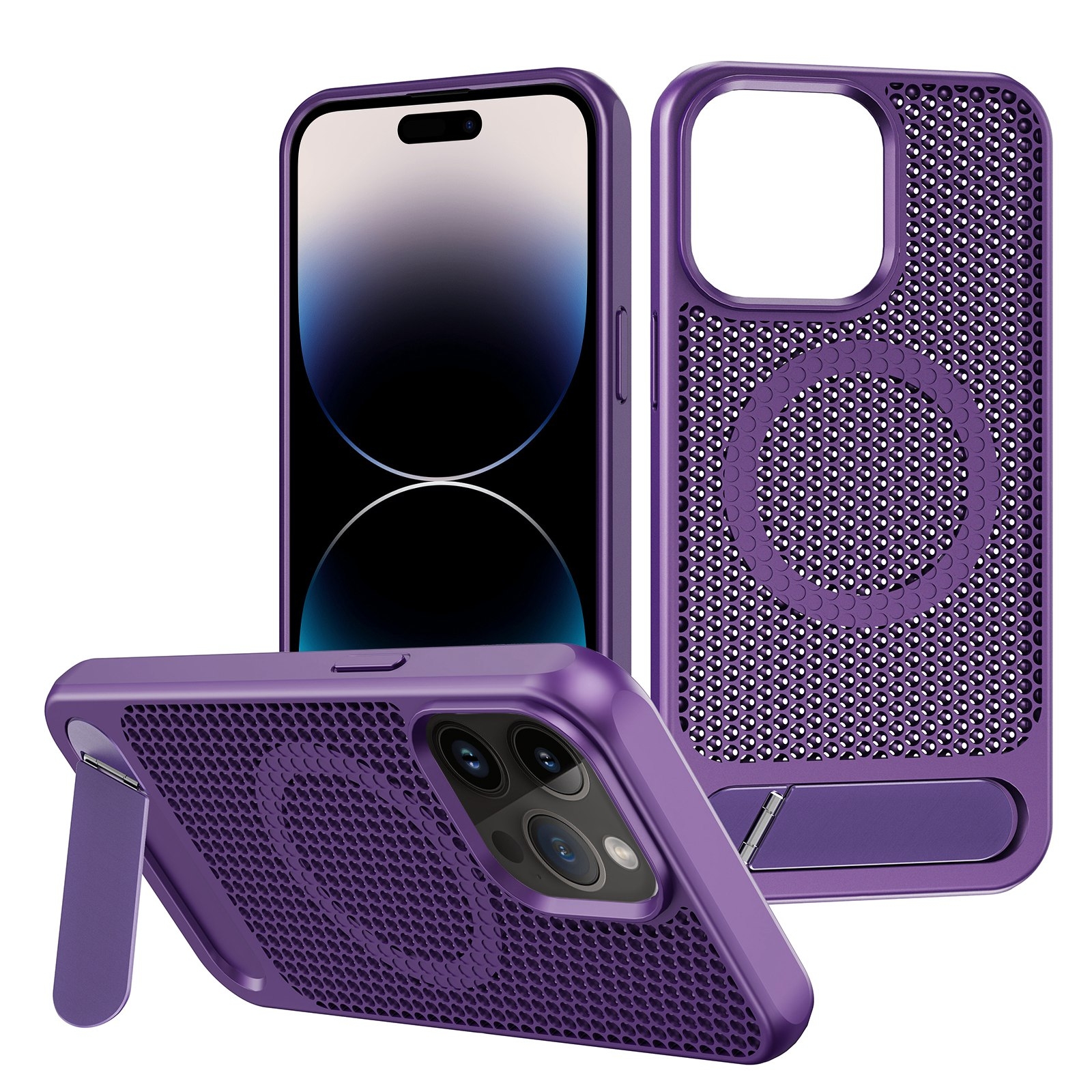 For iPhone 14 Pro Max Honeycomb Cooling MagSafe Phone Case with Invisible Holder(Purple) - Shopkiz.com