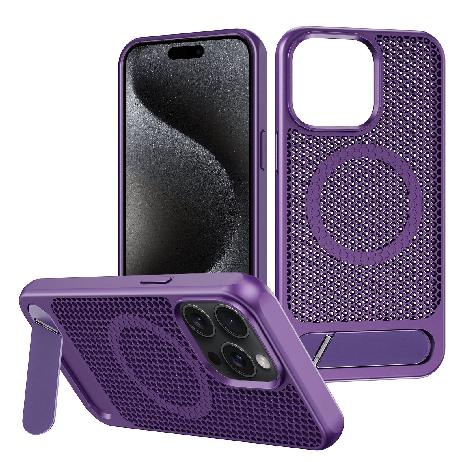 For iPhone 15 Pro Honeycomb Cooling MagSafe Phone Case with Invisible Holder(Purple) - Shopkiz.com