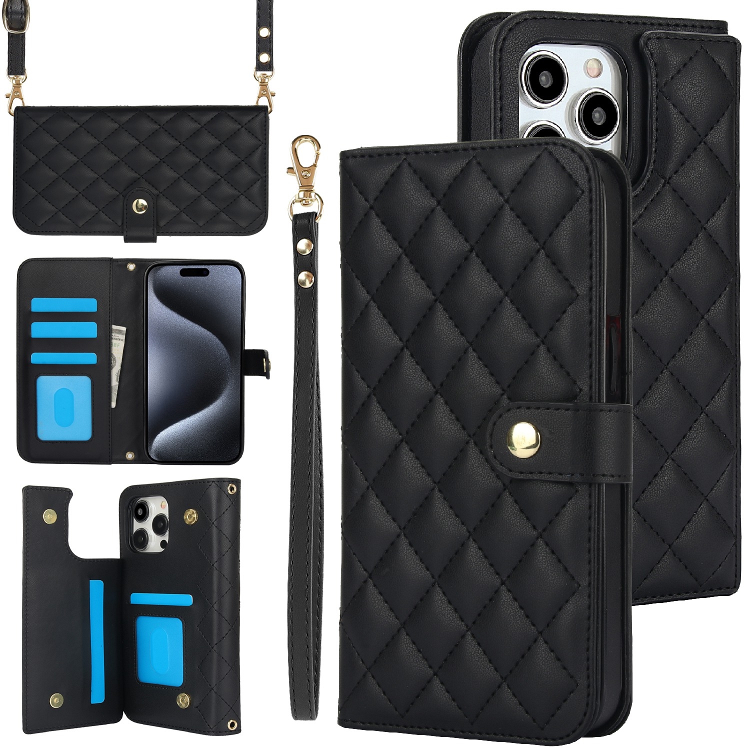 For iPhone 16 Pro Crossbody Multifunction Rhombic Leather Phone Case(Black) - Shopkiz.com