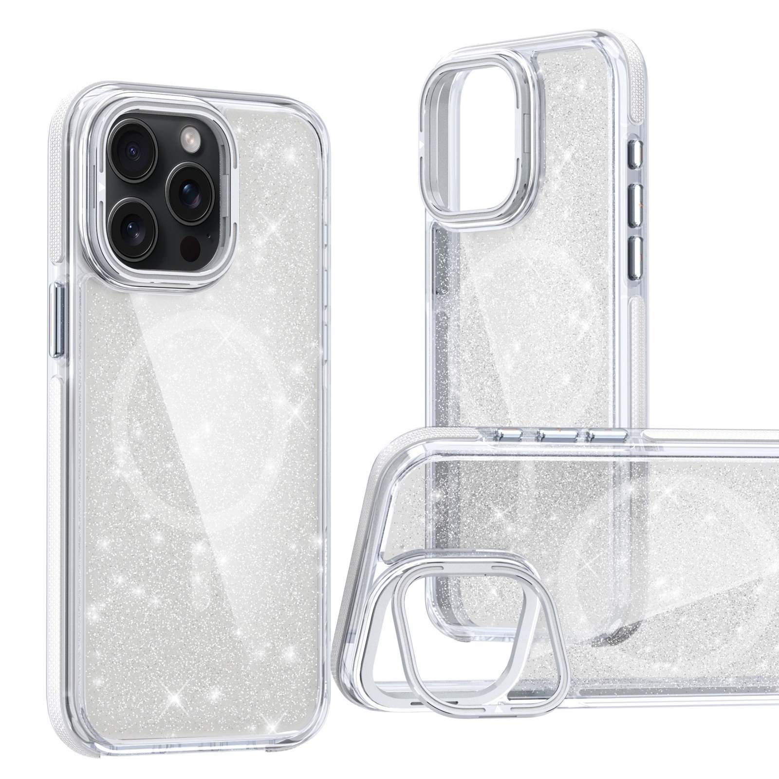 For iPhone 15 Pro Max Two-color Glitter Powder Lens Holder Magsafe Phone Case(White) - Shopkiz.com