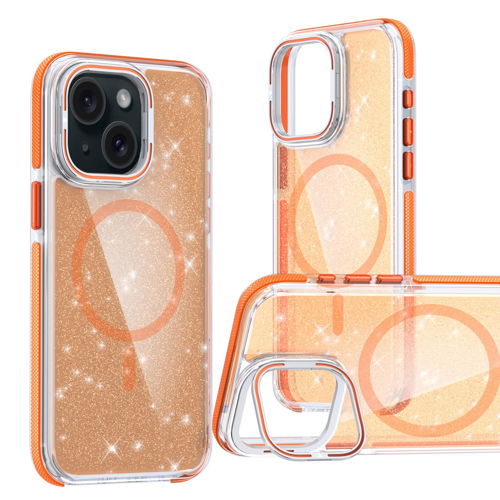 For iPhone 14 Plus Two-color Glitter Powder Lens Holder Magsafe Phone Case(Orange) - Shopkiz.com