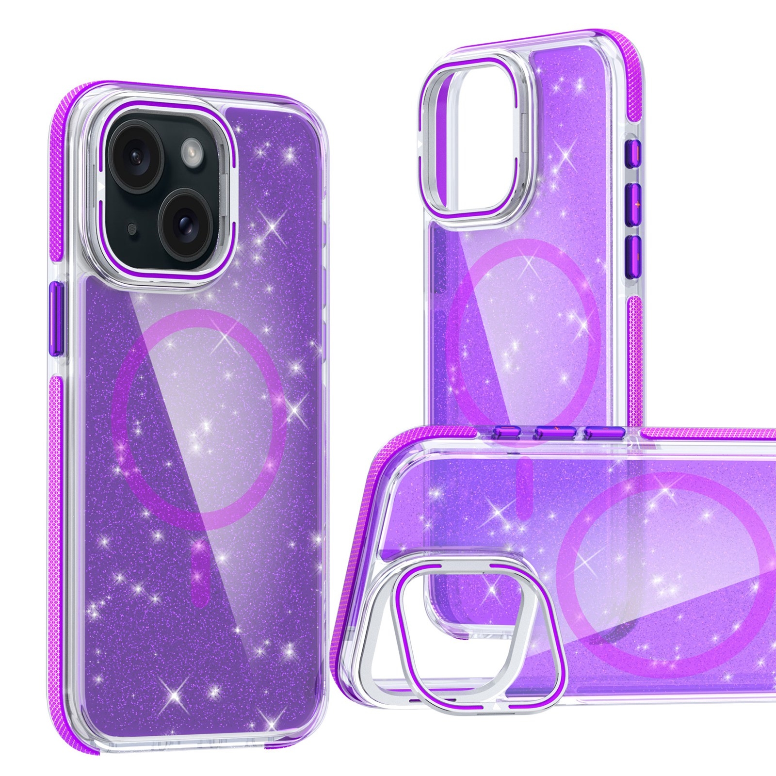 For iPhone 14 Plus Two-color Glitter Powder Lens Holder Magsafe Phone Case(Purple) - Shopkiz.com