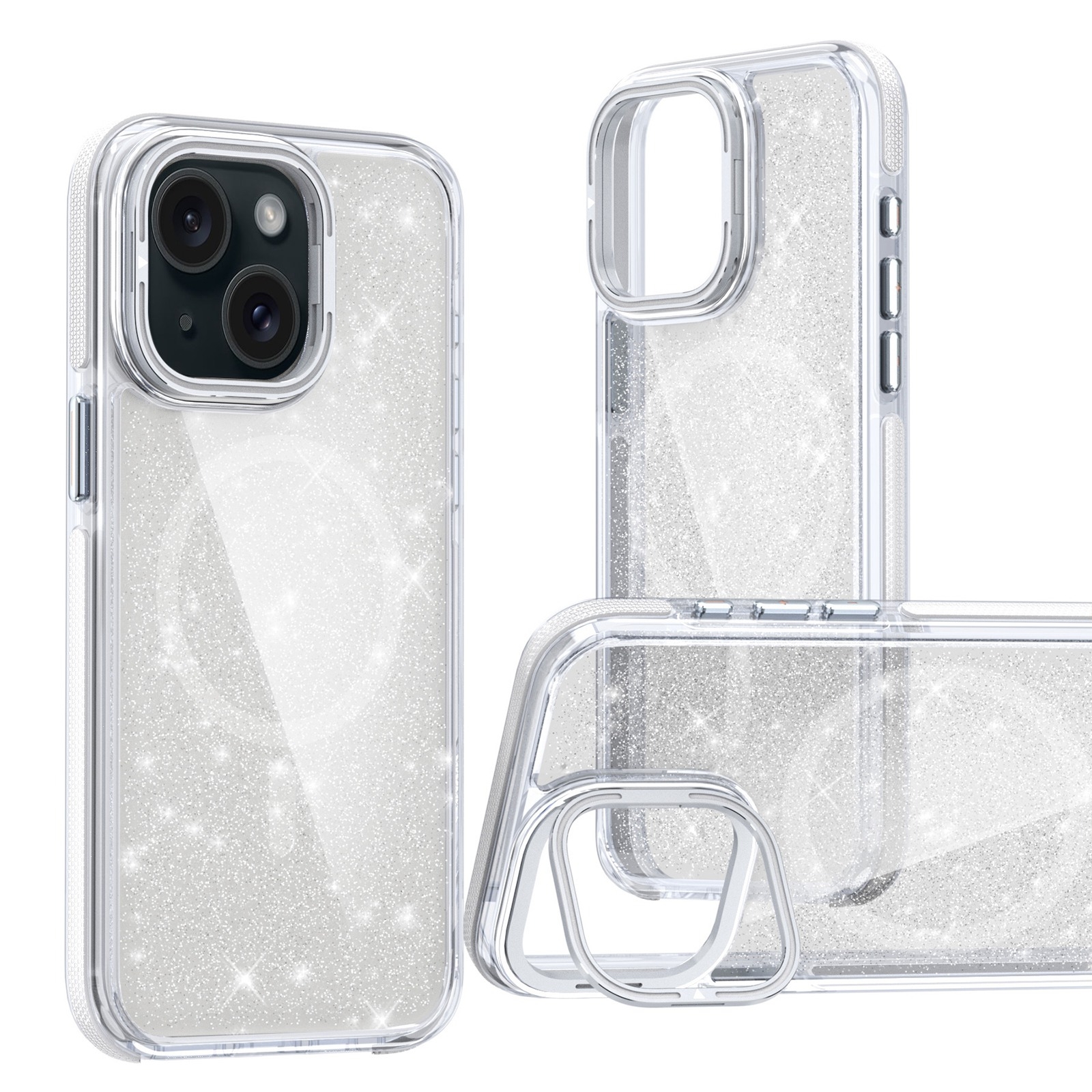 For iPhone 14 Plus Two-color Glitter Powder Lens Holder Magsafe Phone Case(White) - Shopkiz.com