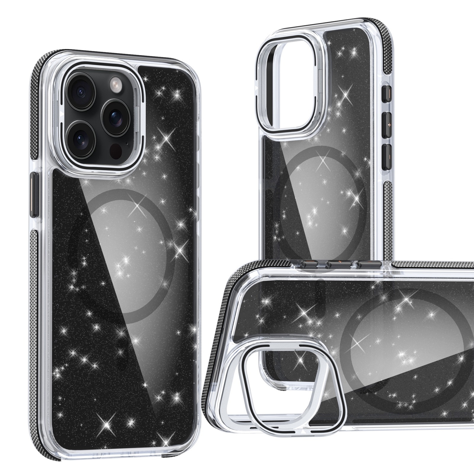 For iPhone 14 Pro Two-color Glitter Powder Lens Holder Magsafe Phone Case(Black) - Shopkiz.com