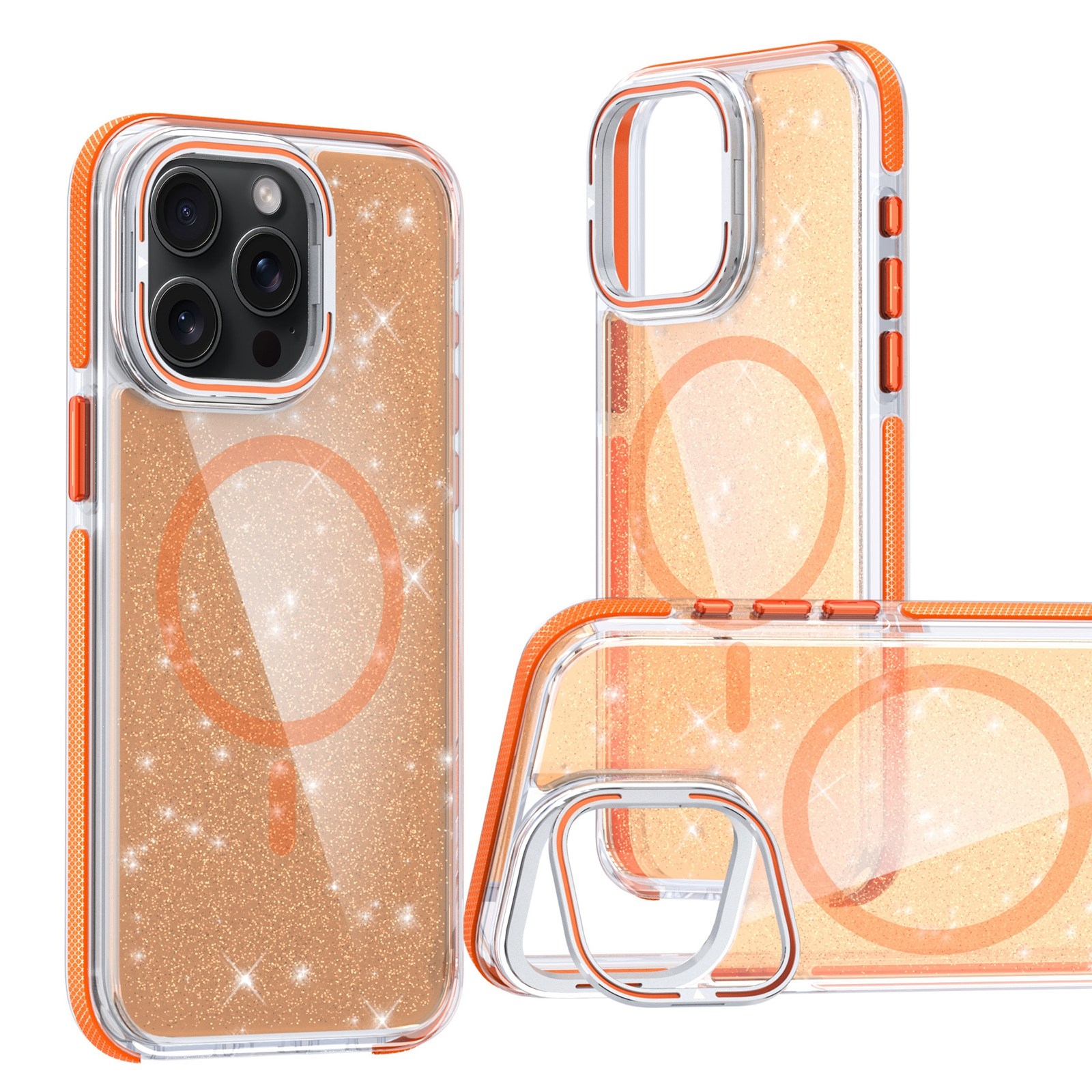 For iPhone 13 Pro Max Two-color Glitter Powder Lens Holder Magsafe Phone Case(Orange) - Shopkiz.com