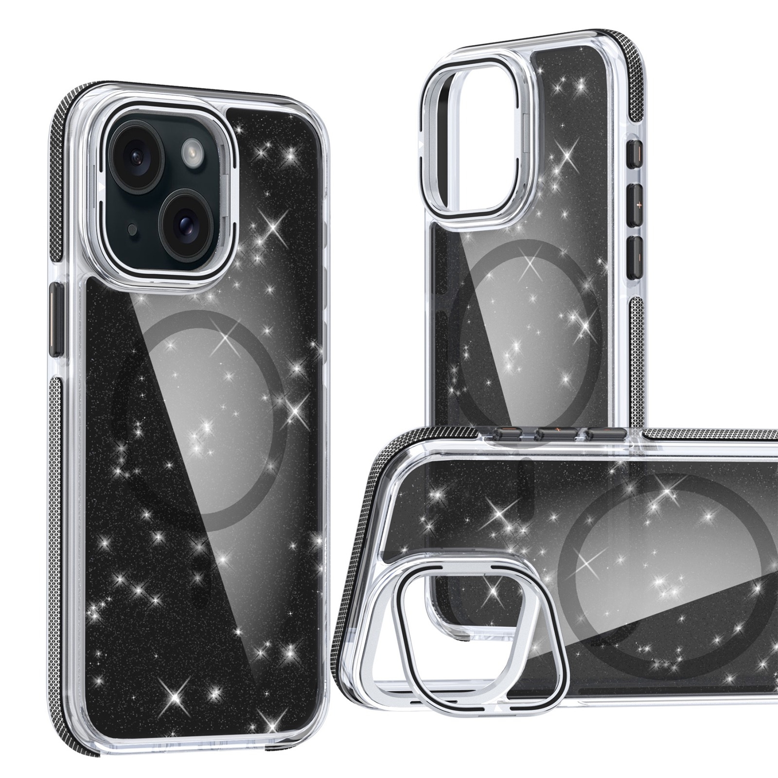 For iPhone 13 Two-color Glitter Powder Lens Holder Magsafe Phone Case(Black) - Shopkiz.com