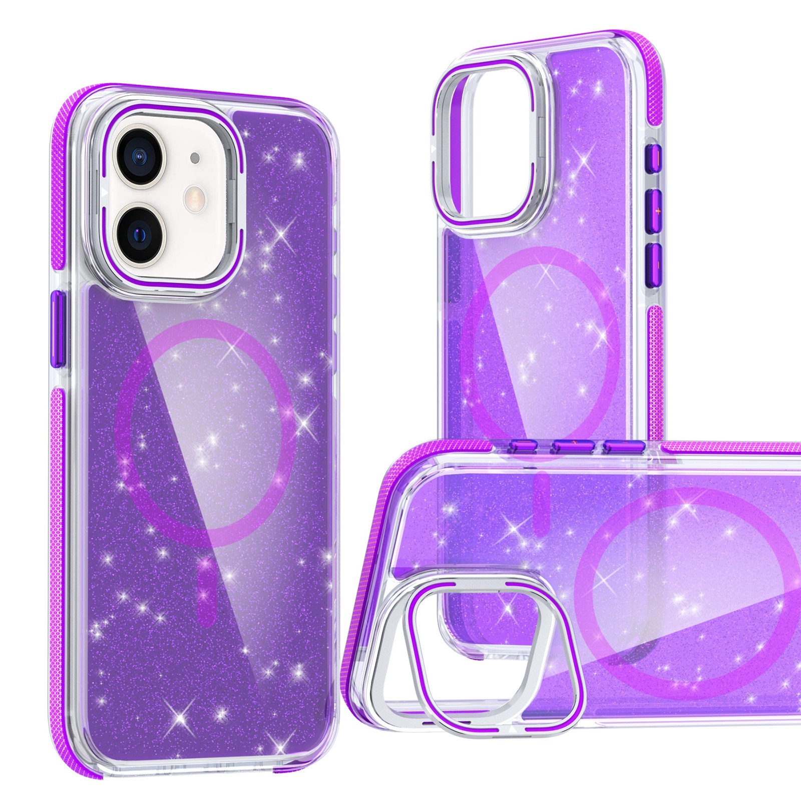 For iPhone 11 Two-color Glitter Powder Lens Holder Magsafe Phone Case(Purple) - Shopkiz.com