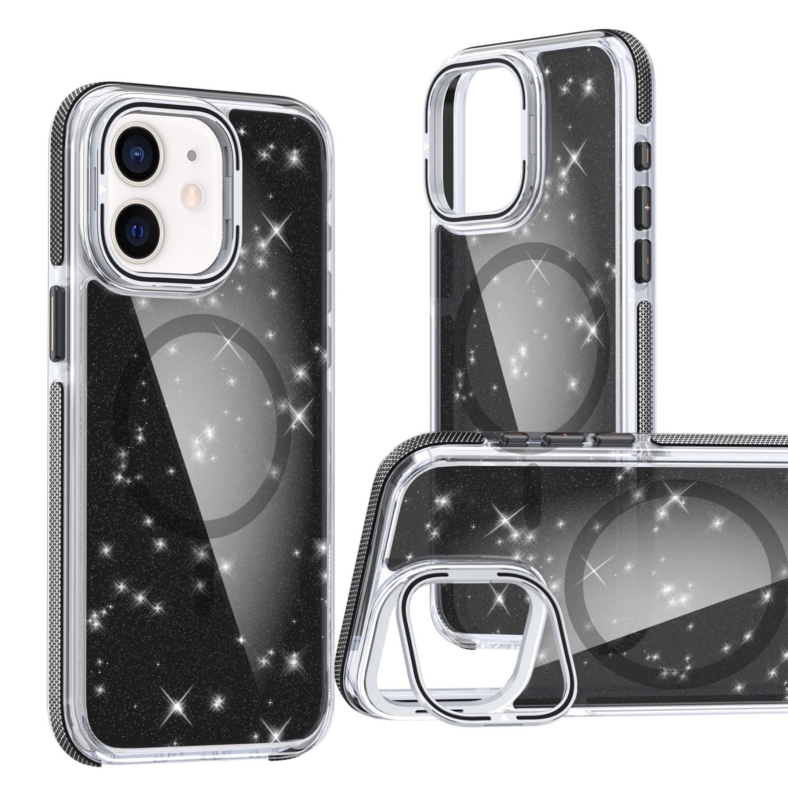 For iPhone 11 Two-color Glitter Powder Lens Holder Magsafe Phone Case(Black) - Shopkiz.com