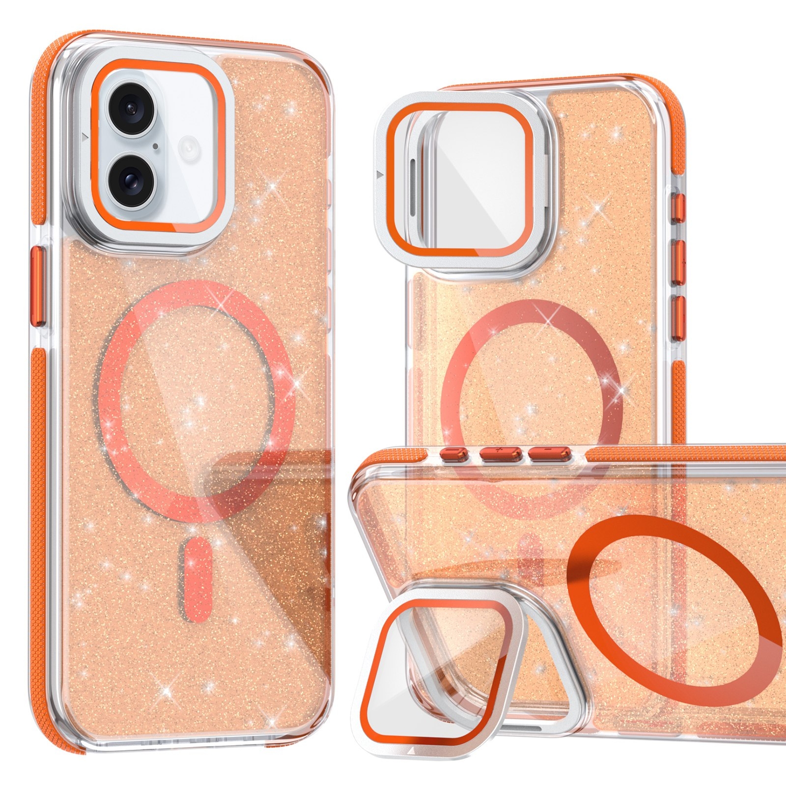 For iPhone 16 Plus Two-color Glitter Powder Lens Holder Magsafe Phone Case(Orange) - Shopkiz.com
