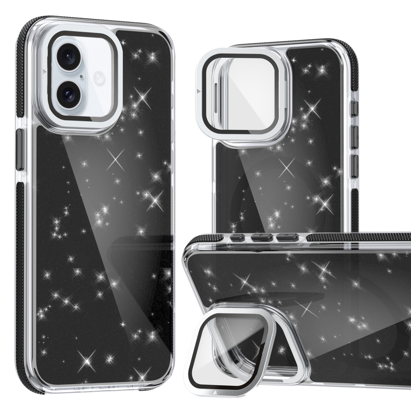 For iPhone 16 Two-color Glitter Powder Lens Holder Magsafe Phone Case(Black) - Shopkiz.com