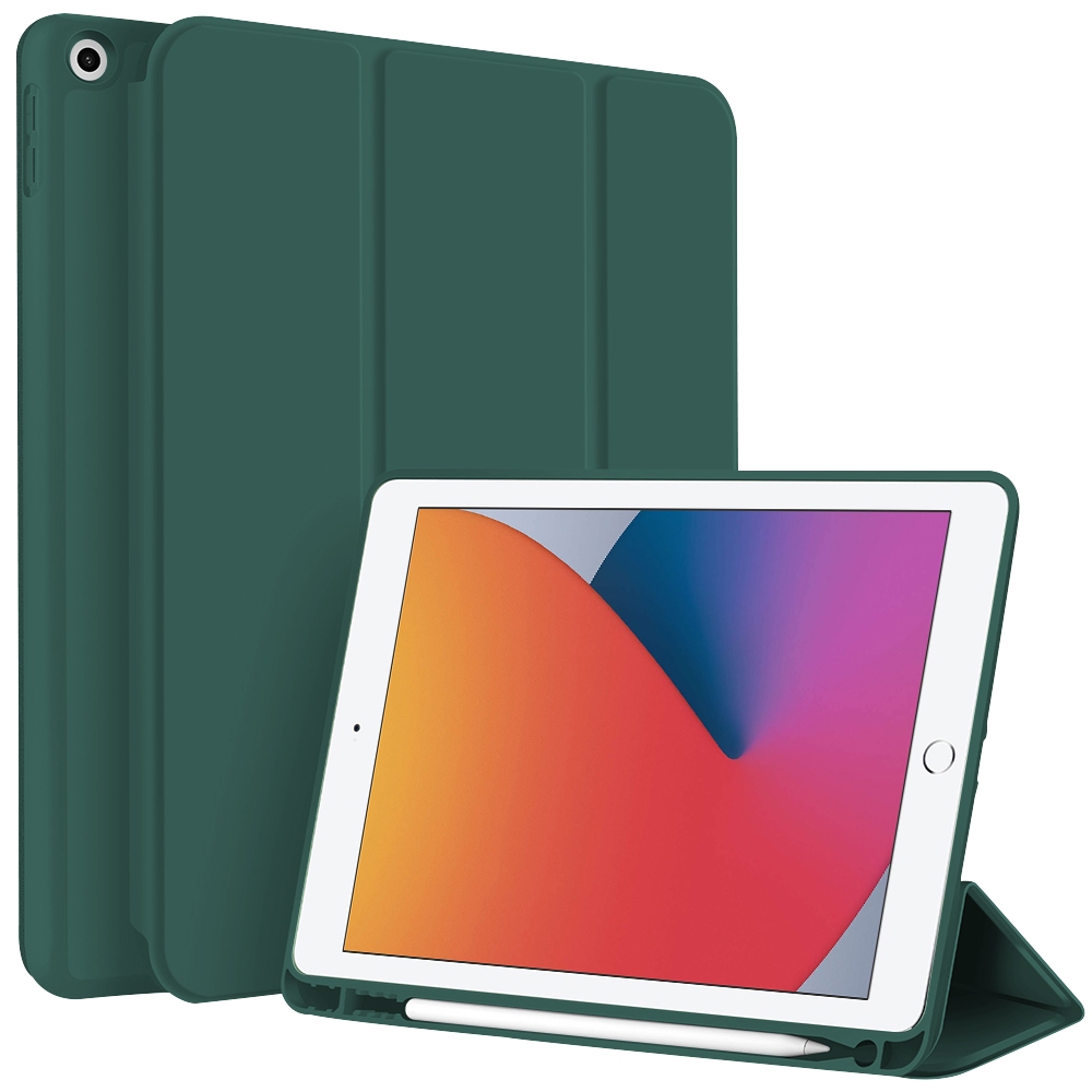 For iPad 10.2 2021 / 2020 / 2019 3-fold TPU Smart Leather Tablet Case with Pen Slot(Dark Green) - Shopkiz.com