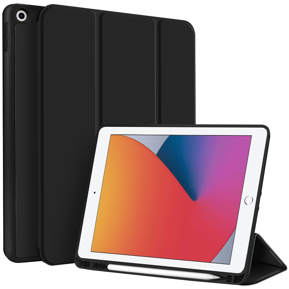 For iPad 10.2 2021 / 2020 / 2019 3-fold TPU Smart Leather Tablet Case with Pen Slot(Black) - Shopkiz.com