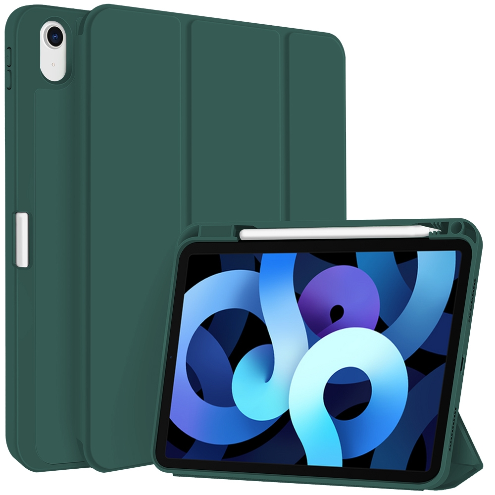 For iPad Air 5 / 4 3-fold TPU Smart Leather Tablet Case with Pen Slot(Dark Green) - Shopkiz.com