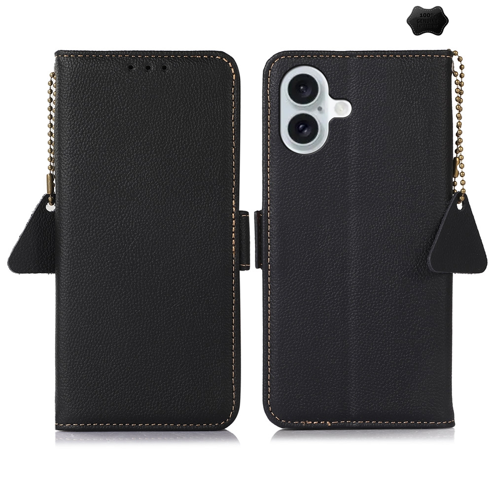 For iPhone 16 Side-Magnetic TJ Genuine Leather RFID Phone Case(Black) - Shopkiz.com