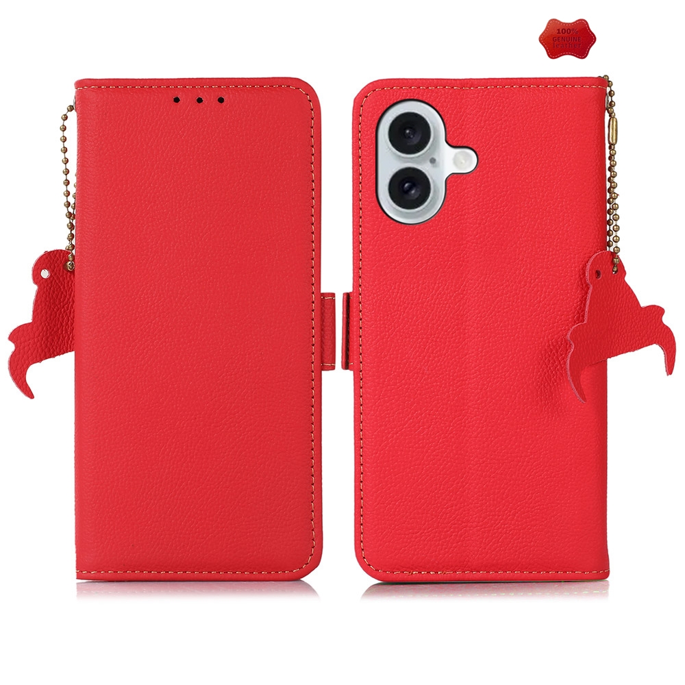 For iPhone 16 Side-Magnetic TJ Genuine Leather RFID Phone Case(Red) - Shopkiz.com