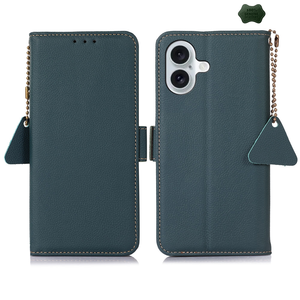 For iPhone 16 Side-Magnetic TJ Genuine Leather RFID Phone Case(Green) - Shopkiz.com