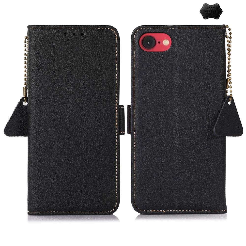 For iPhone 16e / 17e Side-Magnetic TJ Genuine Leather RFID Phone Case(Black) - Shopkiz.com