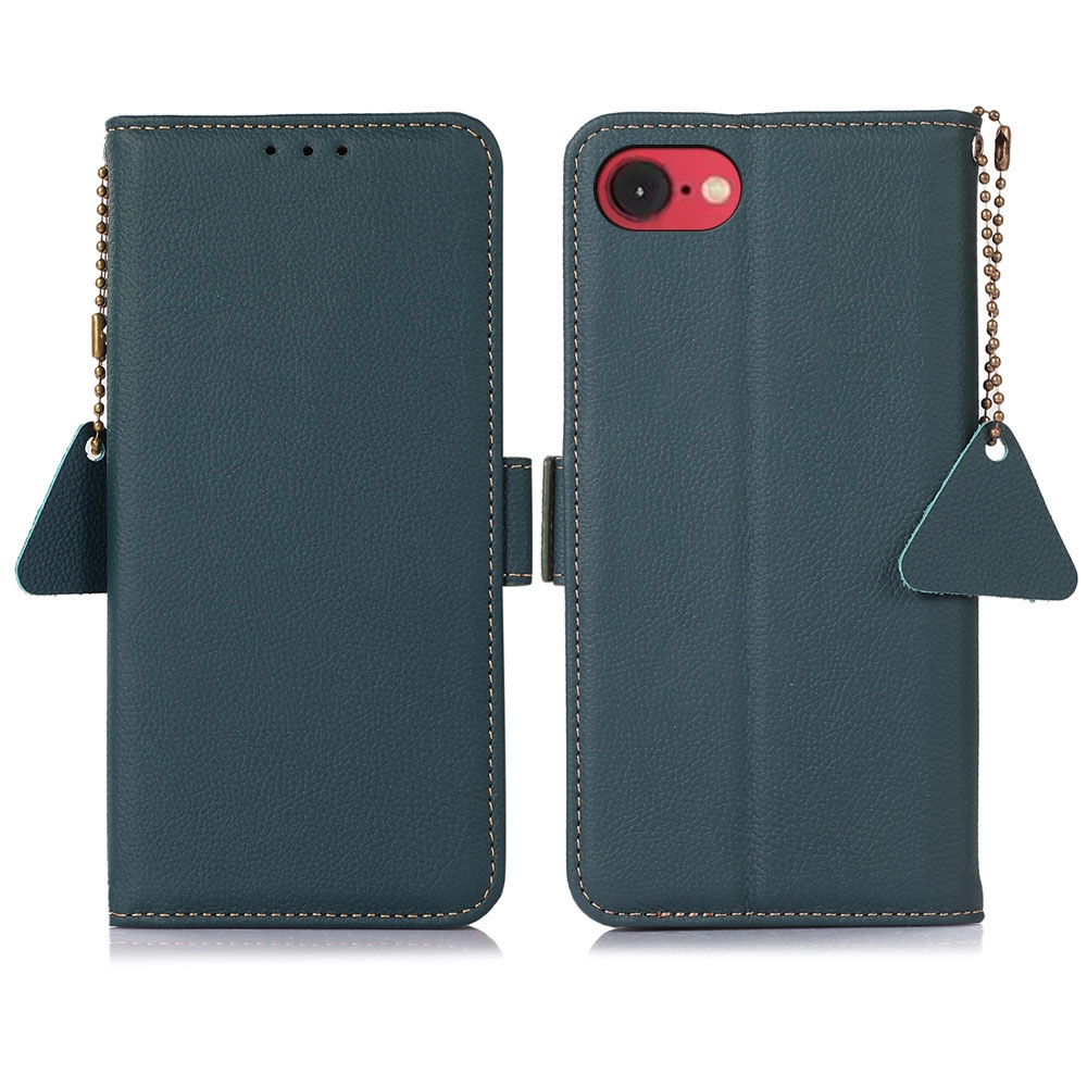 For iPhone 16e / 17e Side-Magnetic TJ Genuine Leather RFID Phone Case(Green) - Shopkiz.com