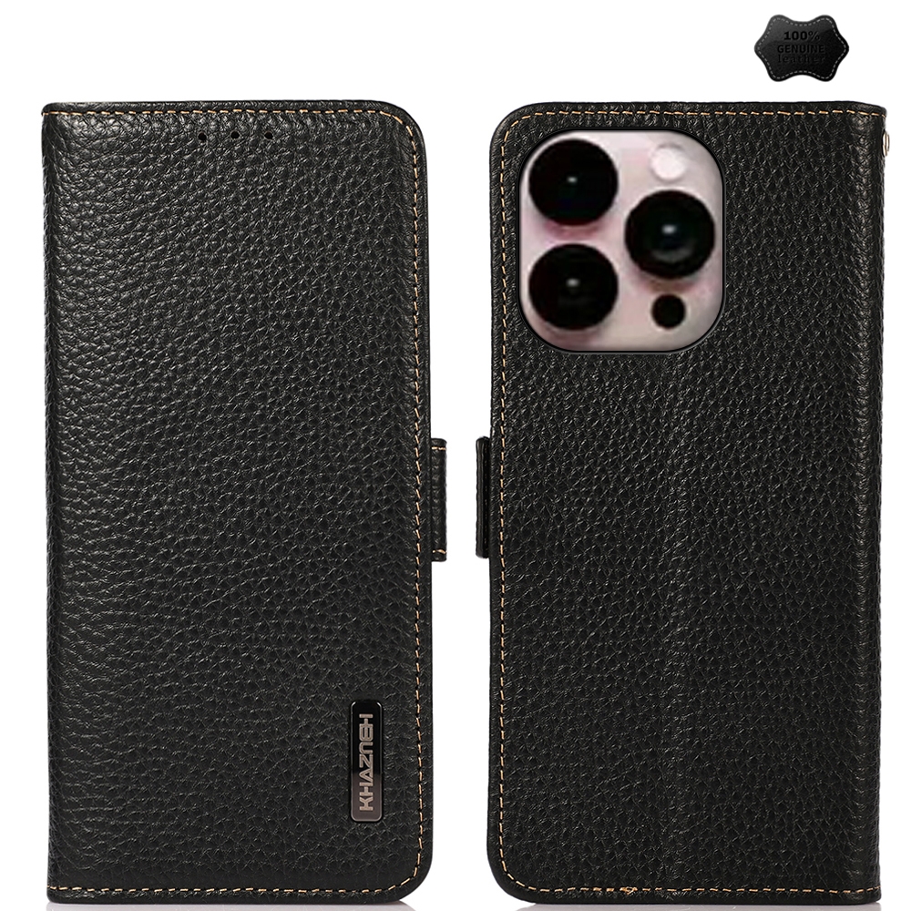 For iPhone 16 Pro Max KHAZNEH Side-Magnetic Litchi Genuine Leather RFID Case(Black) - Shopkiz.com