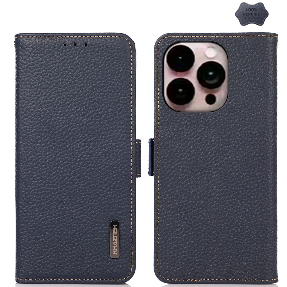 For iPhone 16 Pro Max KHAZNEH Side-Magnetic Litchi Genuine Leather RFID Case(Blue) - Shopkiz.com
