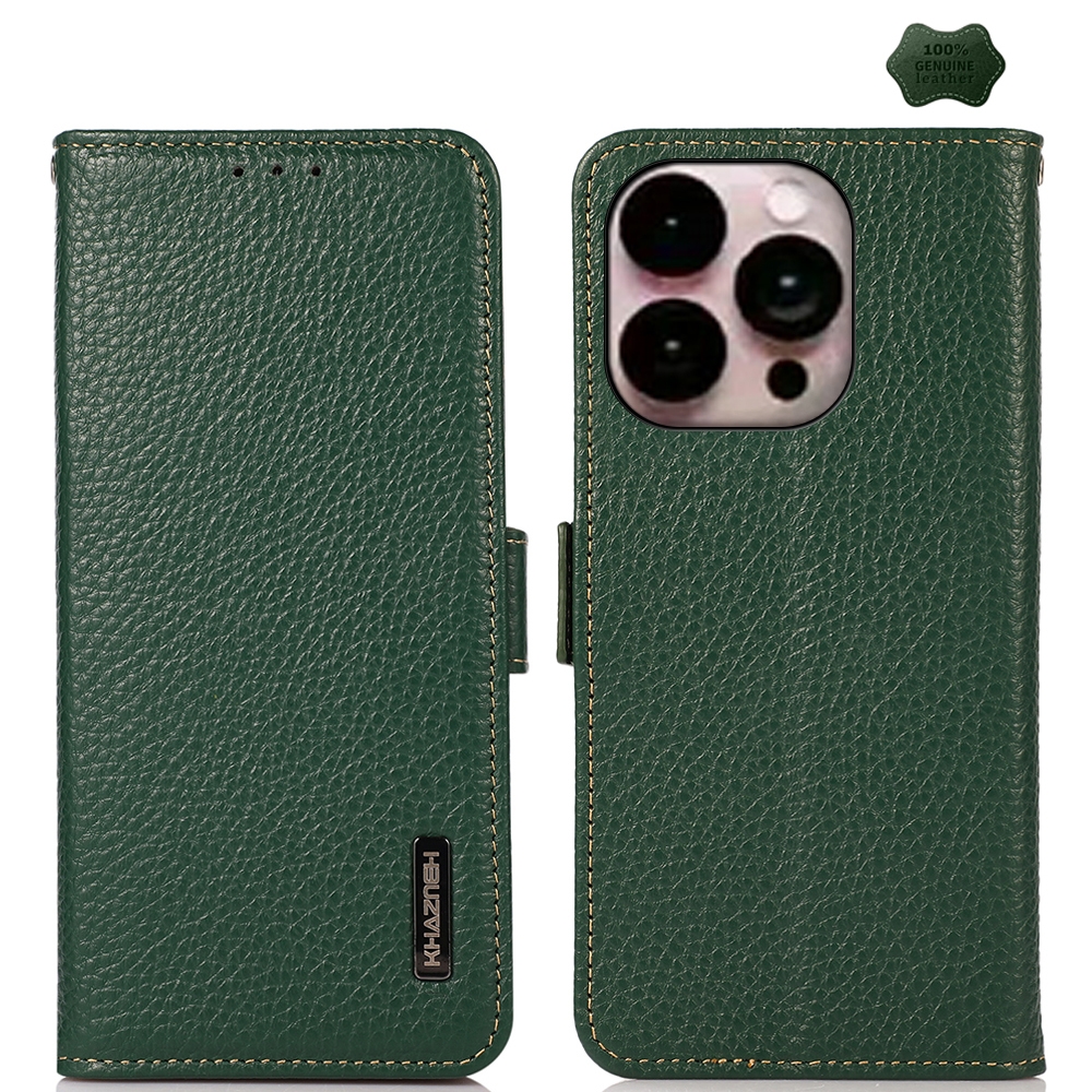 For iPhone 16 Pro Max KHAZNEH Side-Magnetic Litchi Genuine Leather RFID Case(Green) - Shopkiz.com
