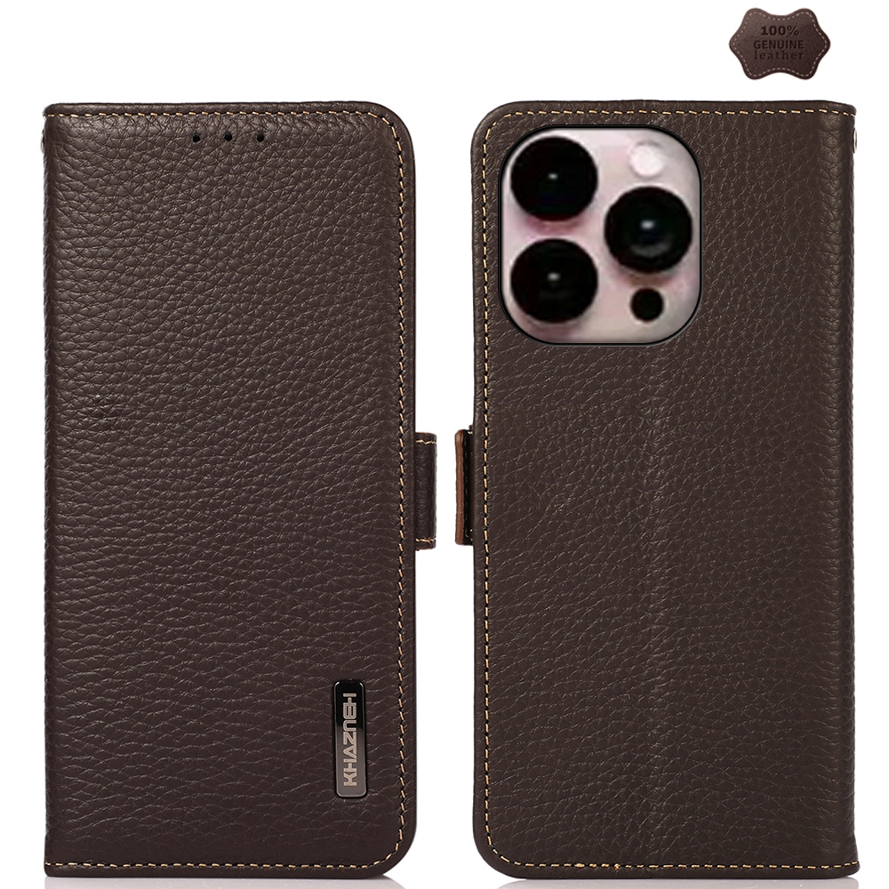 For iPhone 16 Pro Max KHAZNEH Side-Magnetic Litchi Genuine Leather RFID Case(Brown) - Shopkiz.com