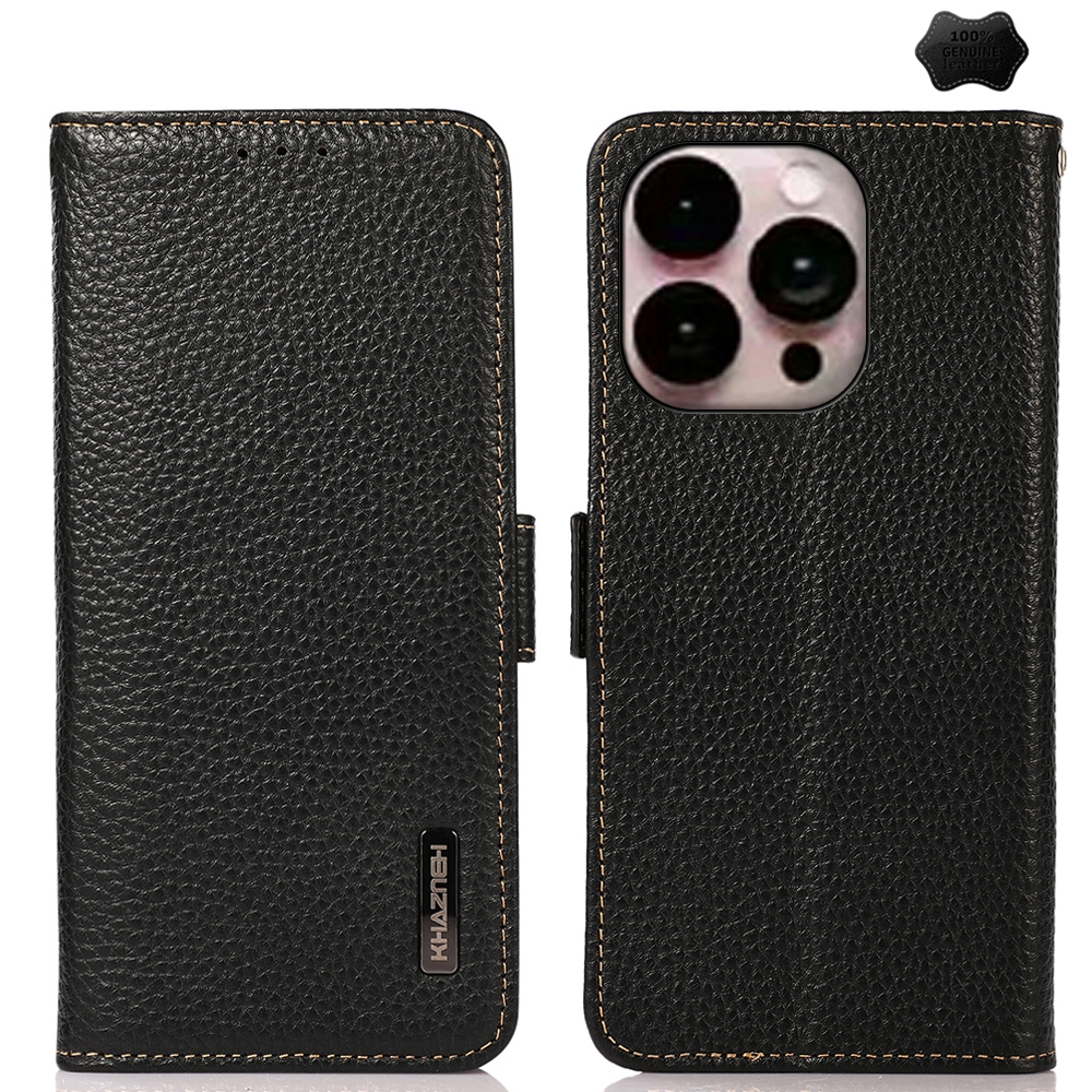 For iPhone 16 Pro KHAZNEH Side-Magnetic Litchi Genuine Leather RFID Case(Black) - Shopkiz.com
