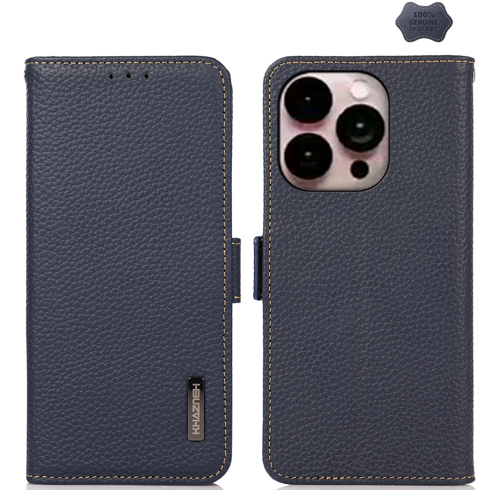 For iPhone 16 Pro KHAZNEH Side-Magnetic Litchi Genuine Leather RFID Case(Blue) - Shopkiz.com