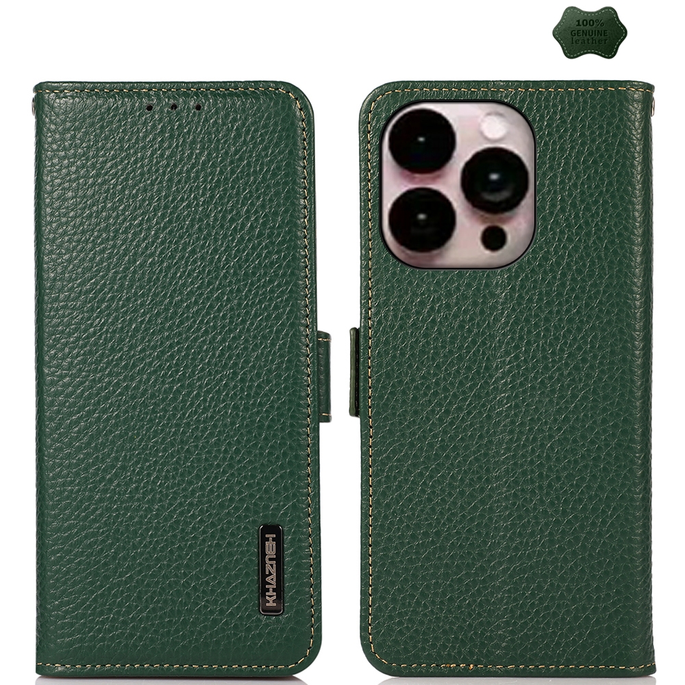 For iPhone 16 Pro KHAZNEH Side-Magnetic Litchi Genuine Leather RFID Case(Green) - Shopkiz.com